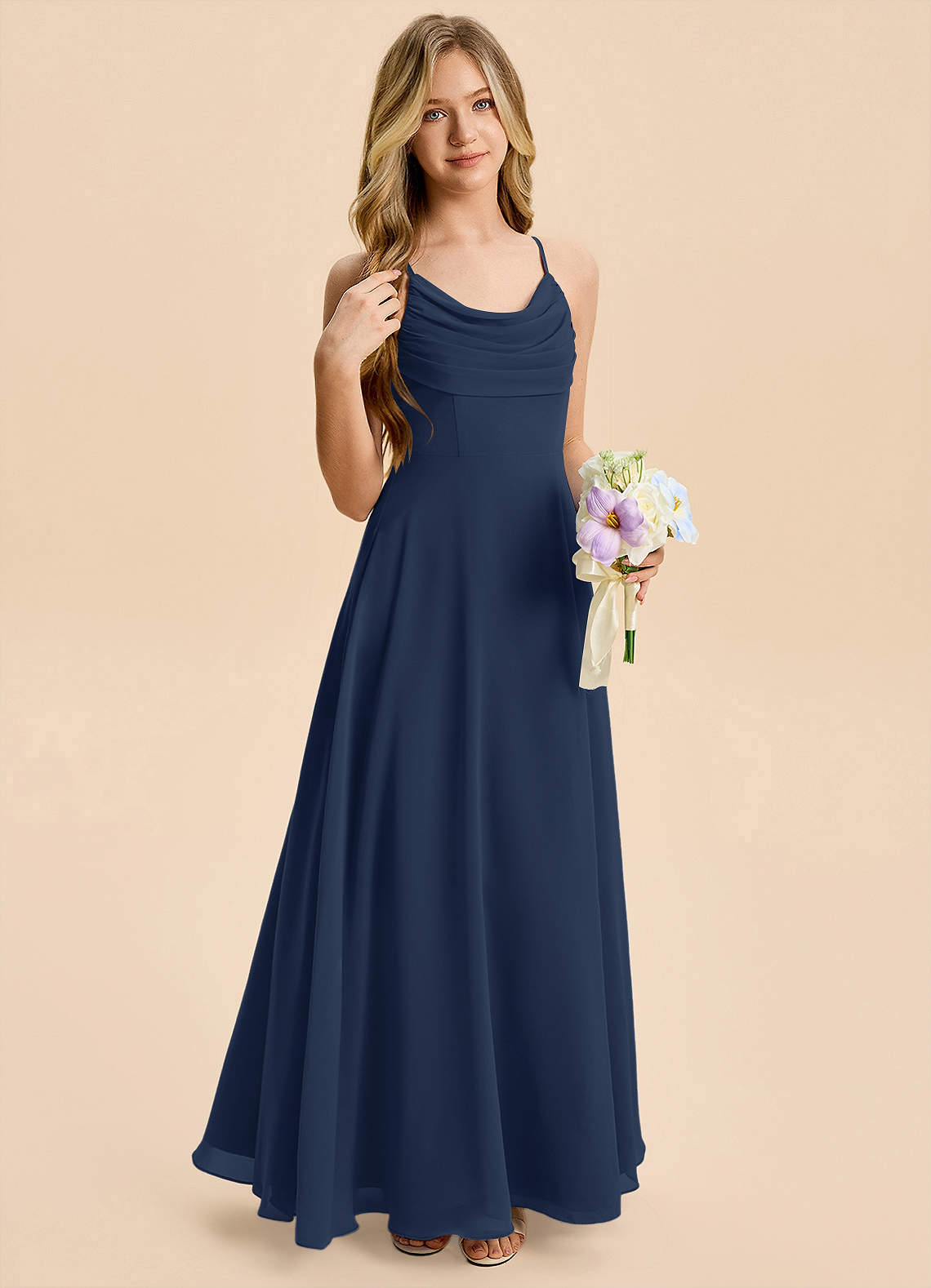 Azazie Gia Junior A-Linie Plissee Chiffon Kleid Dunkelmarine image4