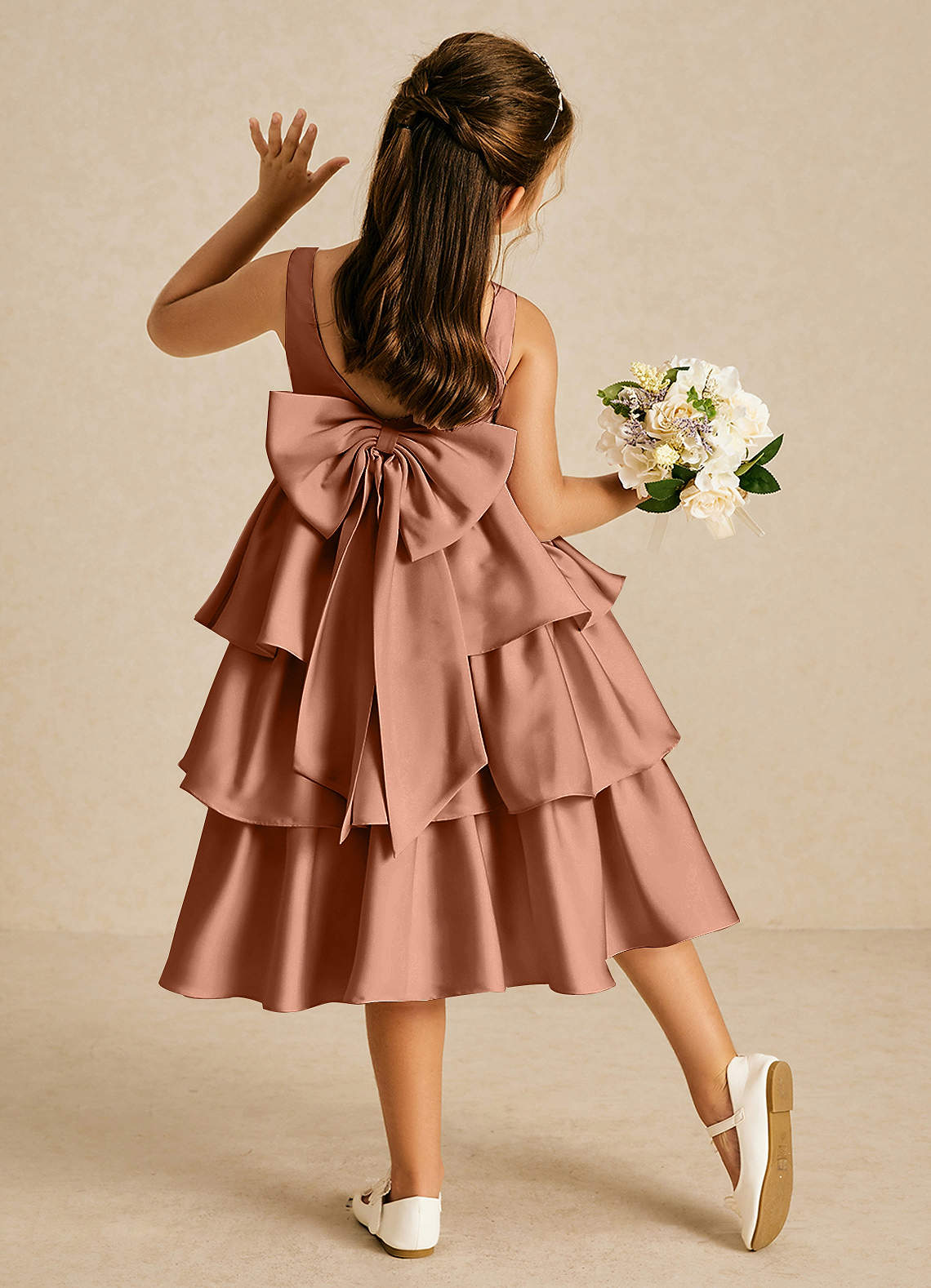Azazie Margery Flower Girl Dresses Bronzer A-Line Bow Stretch Satin Dress image1