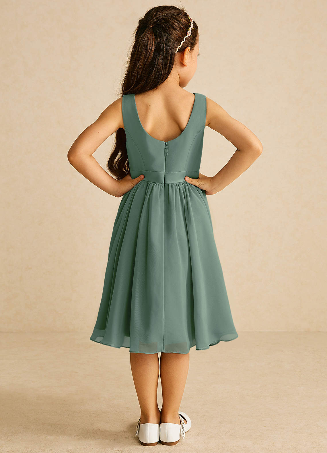 Azazie Ari Flower Girl Dresses Eucalyptus A-Line Sleeveless Chiffon Dress image5