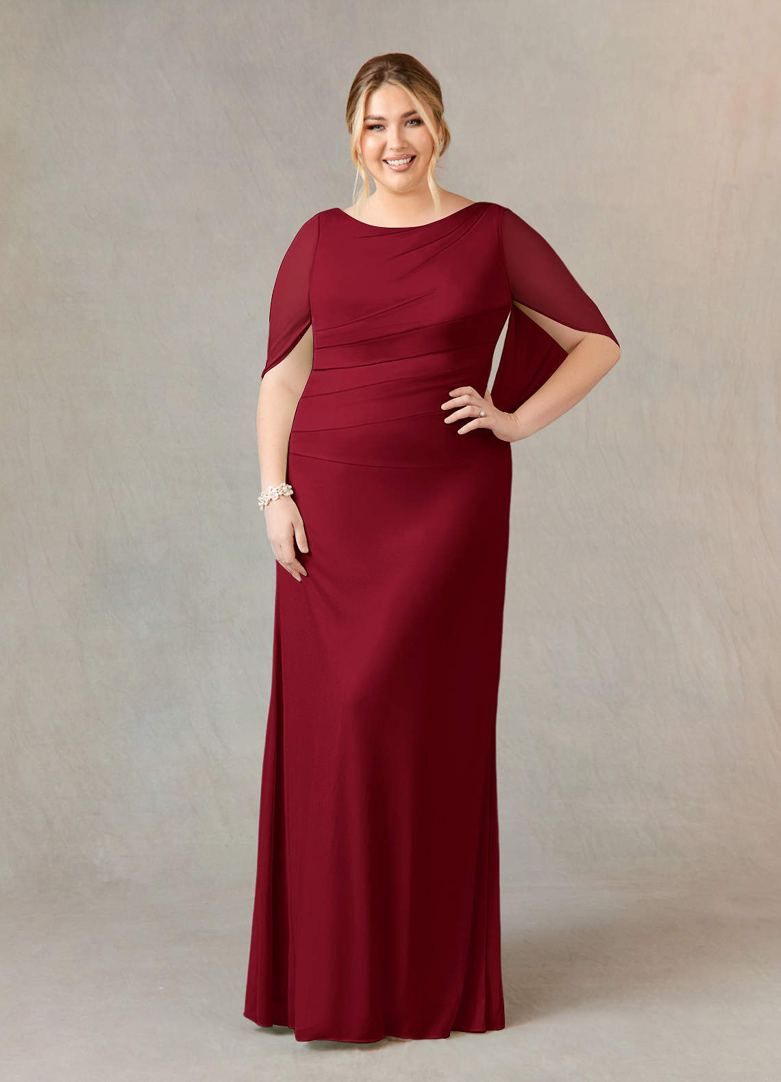 Azazie Belladonna Mother of the Bride Dresses Burgundy Mermaid Scoop Pleated Mesh Dress image1