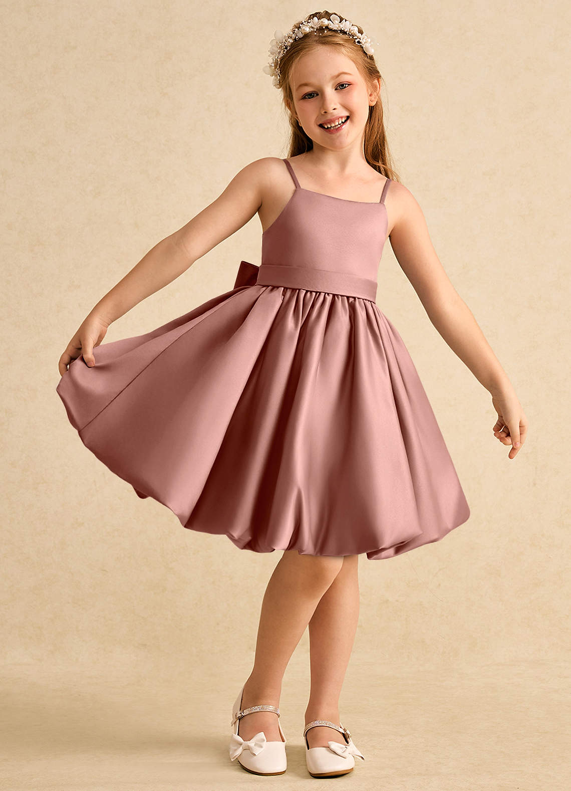 Azazie Davine vestidos de niña de las flores Vestido de Rosa De Cedro de Satin Mate de Corte En A con Tirante Espagueti image1