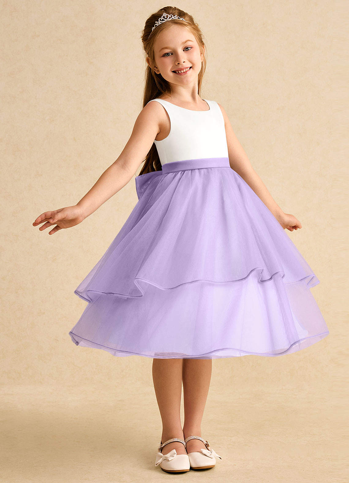 Azazie Rene Flower Girl Dresses Ivory Lilac A-Line Bow Tulle Dress image1