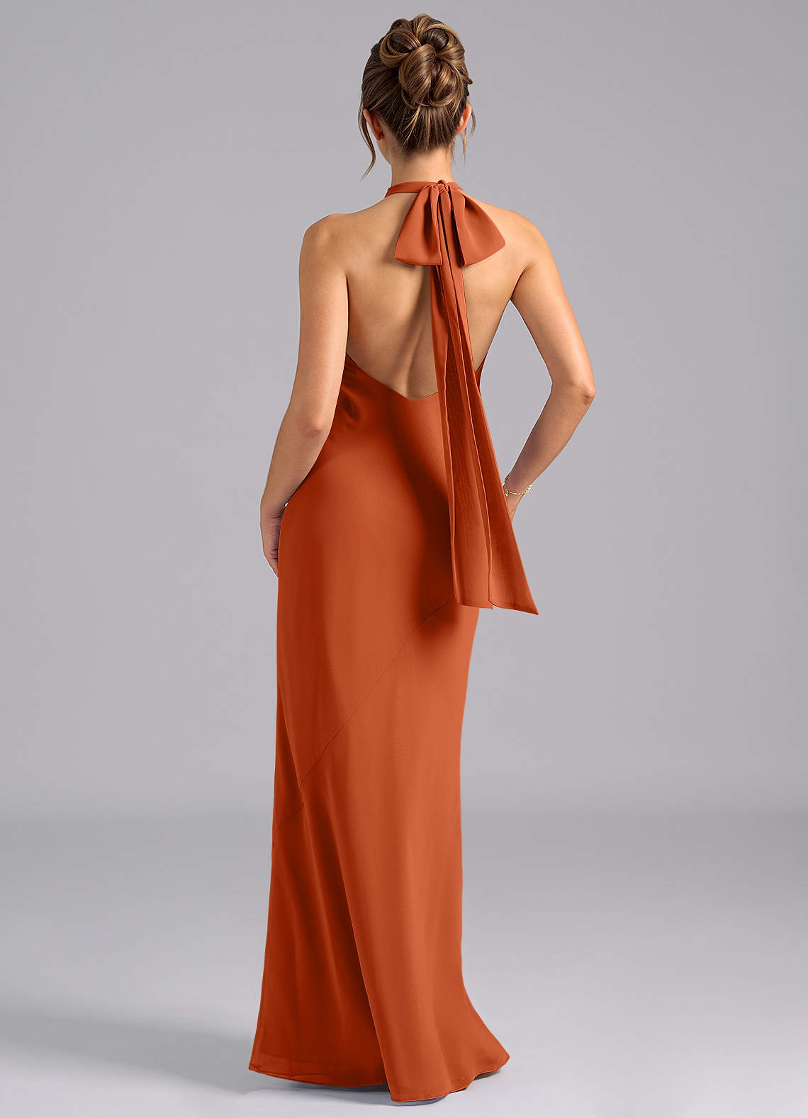 Azazie Velli Vestidos de damas de honor Vestido de Naranja Quemada de Gasa de Corte Sirena con Cuello Alto image1