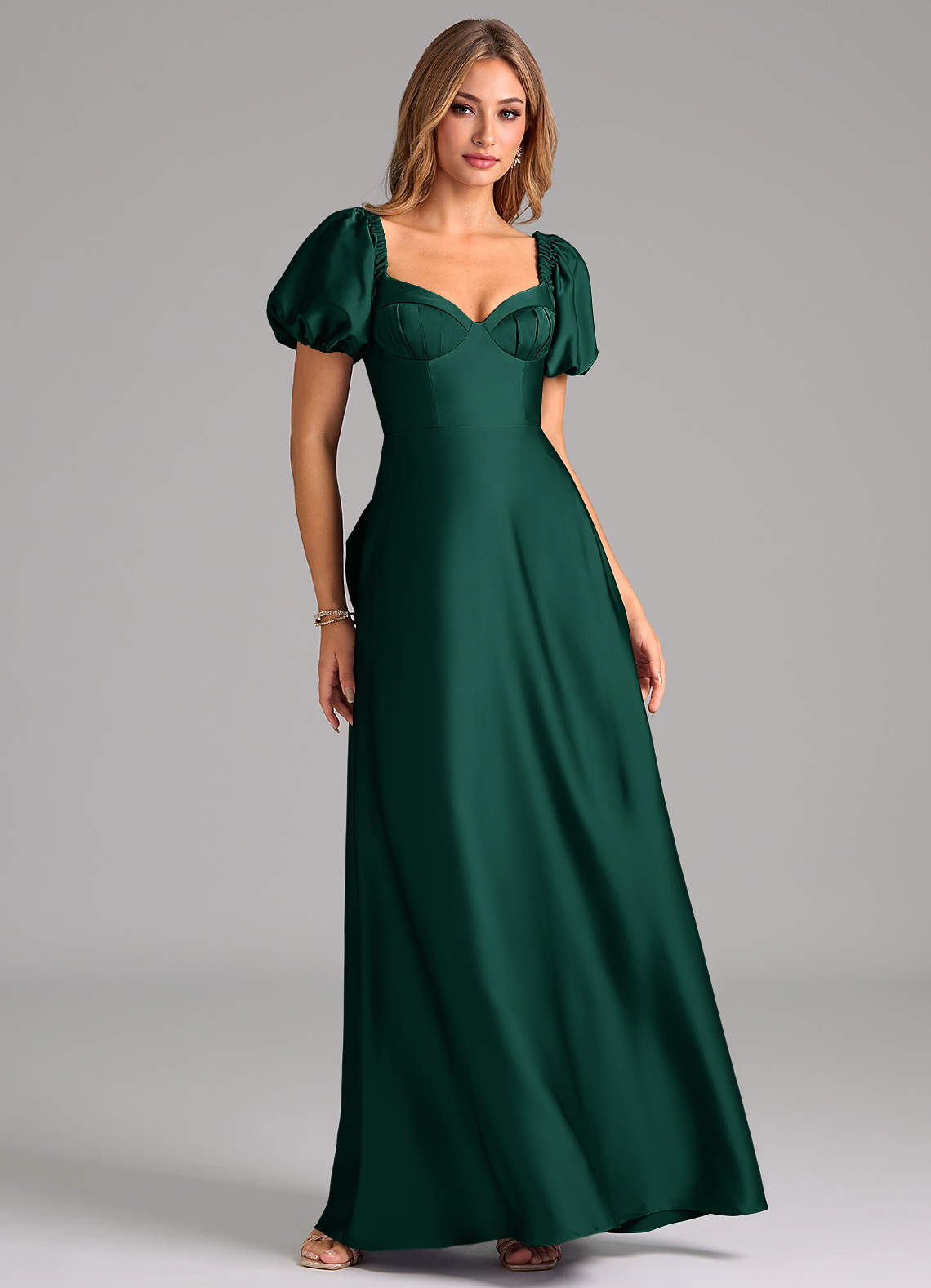 Azazie Fatima Bridesmaid Dresses Emerald A-Line Pleated Stretch Satin Dress image1