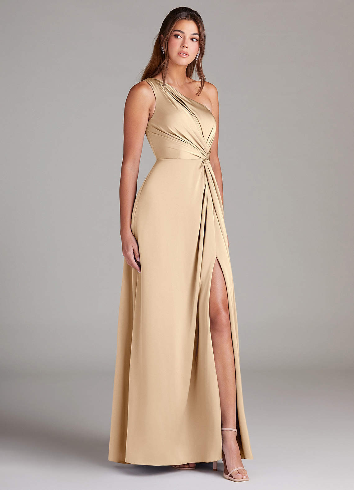 Azazie Brooke Bridesmaid Dresses Champagne A-Line One Shoulder Stretch Satin Dress image3