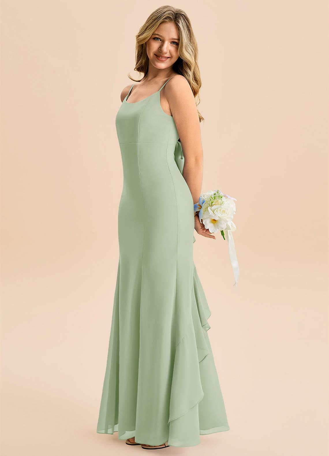 Azazie Lioren Junior Robe Sirène en Mousseline de soie Arc Vert Sauge image1