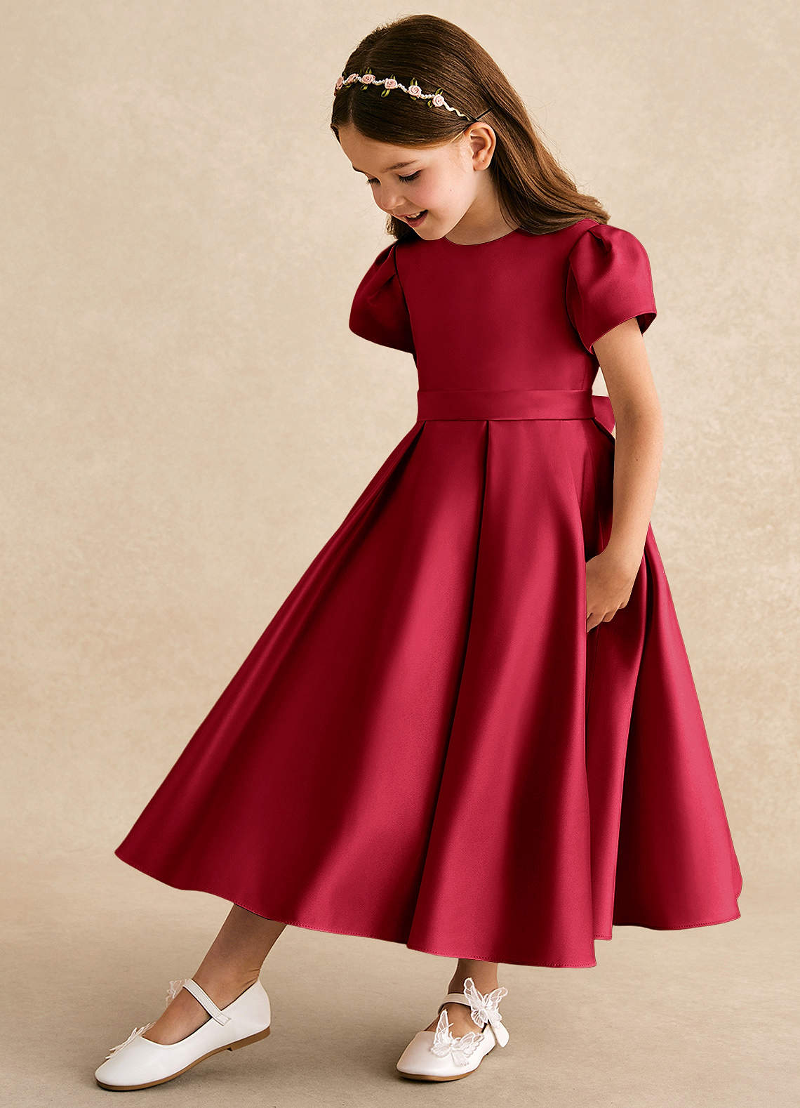 Azazie Princess Flower Girl Dresses Scarlet A-Line Pleated Matte Satin Dress image1