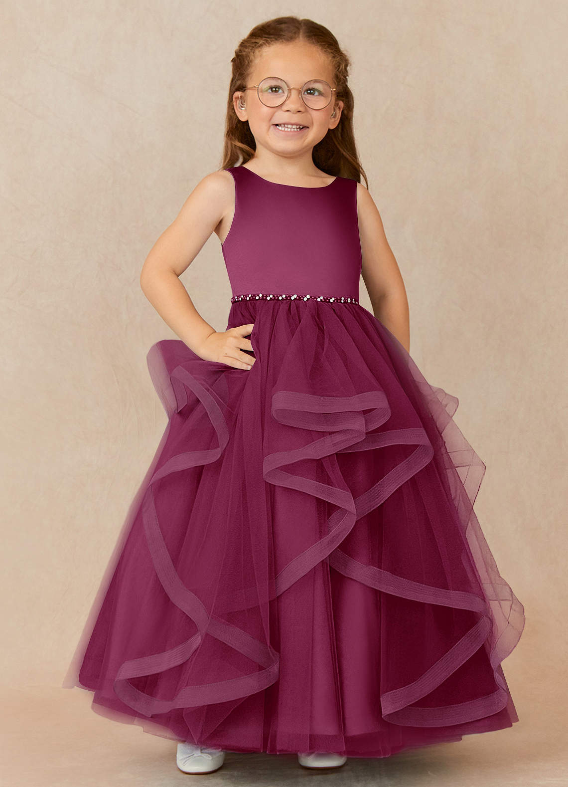 Azazie Sofia Robe Demoiselle D'honneur Fillette Robe Trapèze en Tulle Perlé Mûre image1