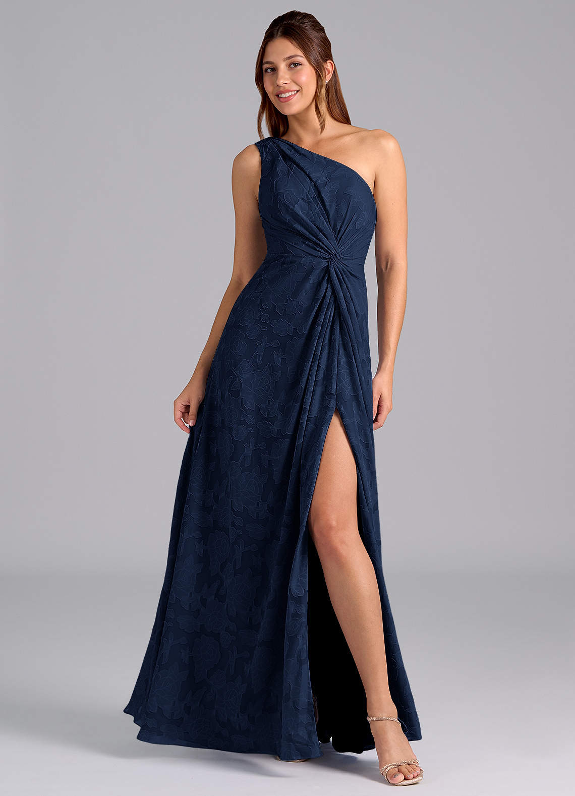 Azazie Brooke Bridesmaid Dresses Dark Navy A-Line One Shoulder Floral Burnout Dress image1