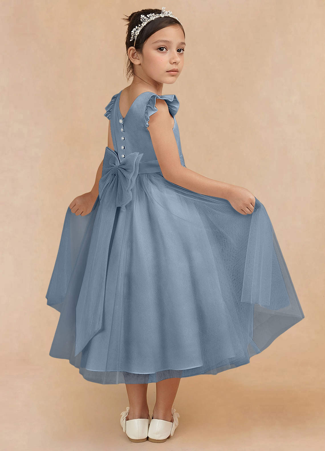 Azazie Hemi Flower Girl Dresses Dusty Blue A-Line Bow Tulle Dress image3