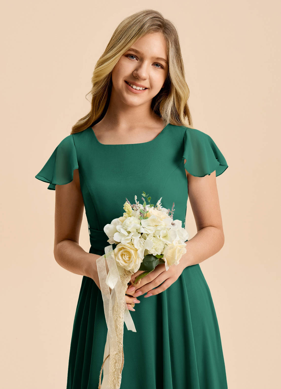 Azazie Cady Junior Emerald A-Line Pleated Chiffon Dress image7