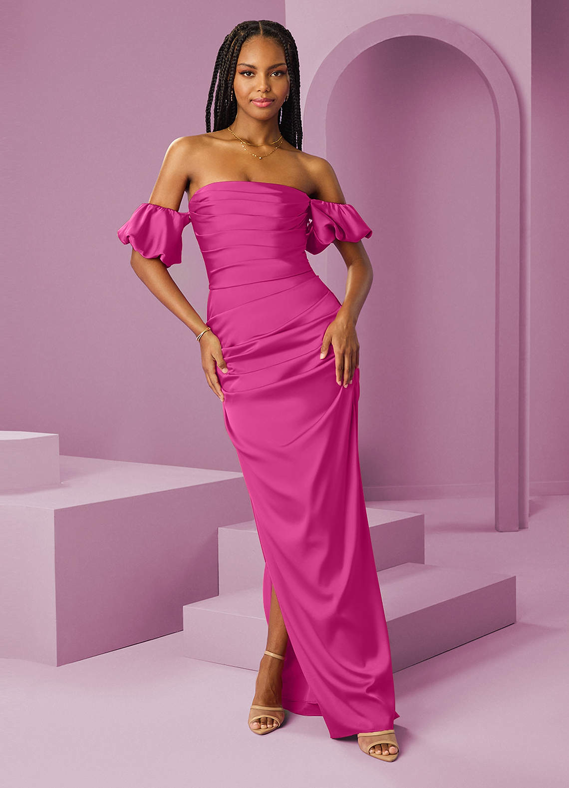 Barbie ♥ Azazie Bridesmaid Dresses Fuchsia Sheath Off the Shoulder Stretch Satin Convertible Dress image1