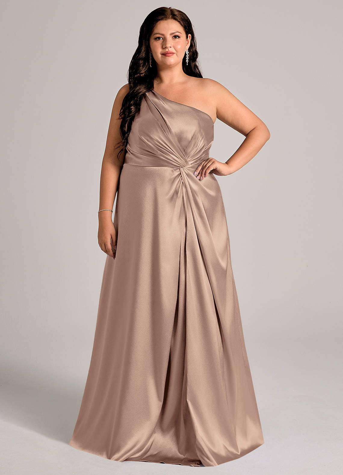 Azazie Brooke Bridesmaid Dresses Taupe A-Line One Shoulder Metallic Satin Dress image1