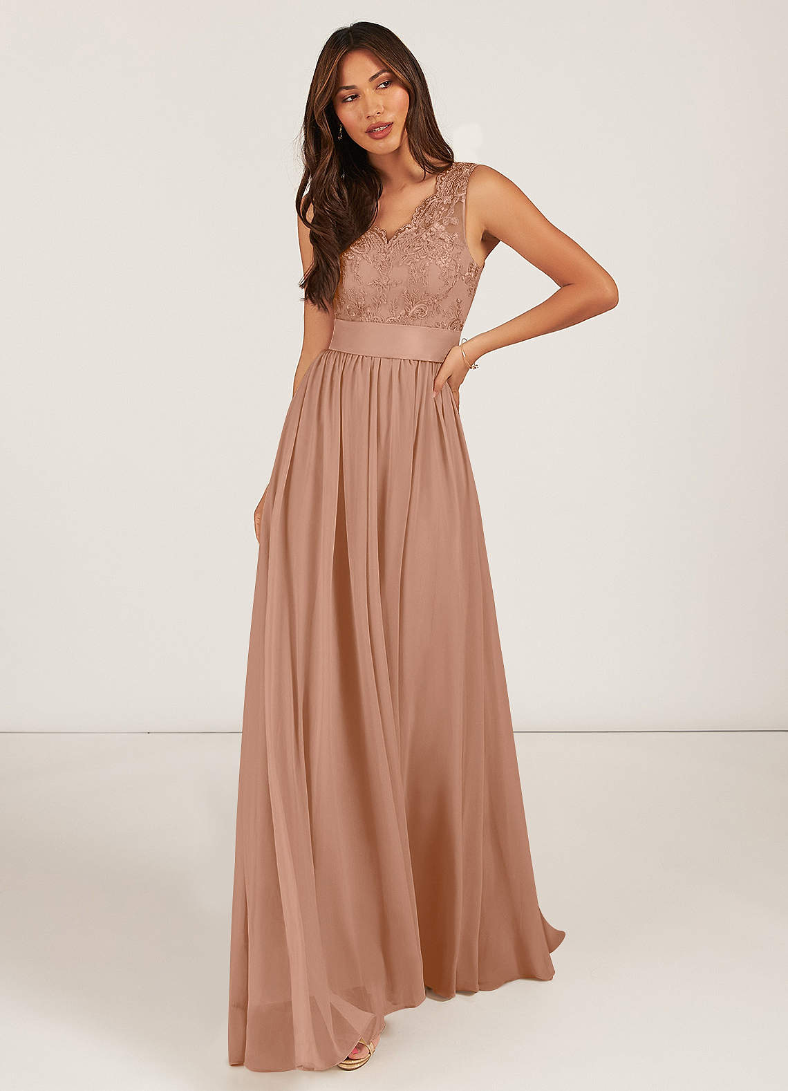 Azazie Gertrude Bridesmaid Dresses Champagne Rose A-Line Lace Chiffon Dress image1