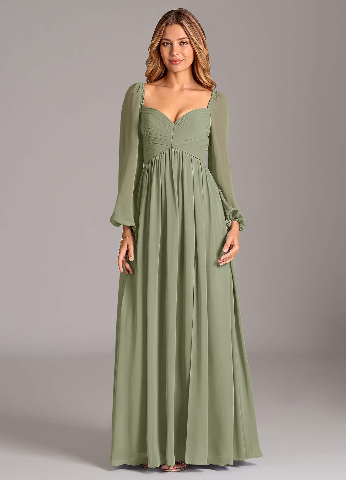 Azazie Bailee Bridesmaid Dresses Pistachio A-Line Long Sleeve Chiffon Dress image6