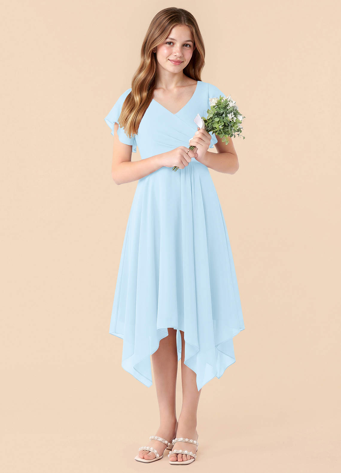 junior bridesmaid dresses knee length Tie Shoulder Pleated Full Skirt Junior Bridesmaid Dress