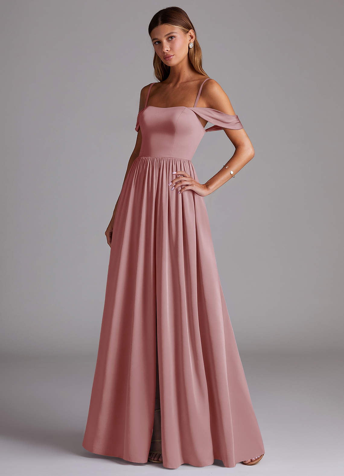 Azazie Calianna Vestidos de damas de honor Vestido de Rosa Polvorienta de Satén Elástico de Línea A Convertible con Vestidos sin tirantes image2