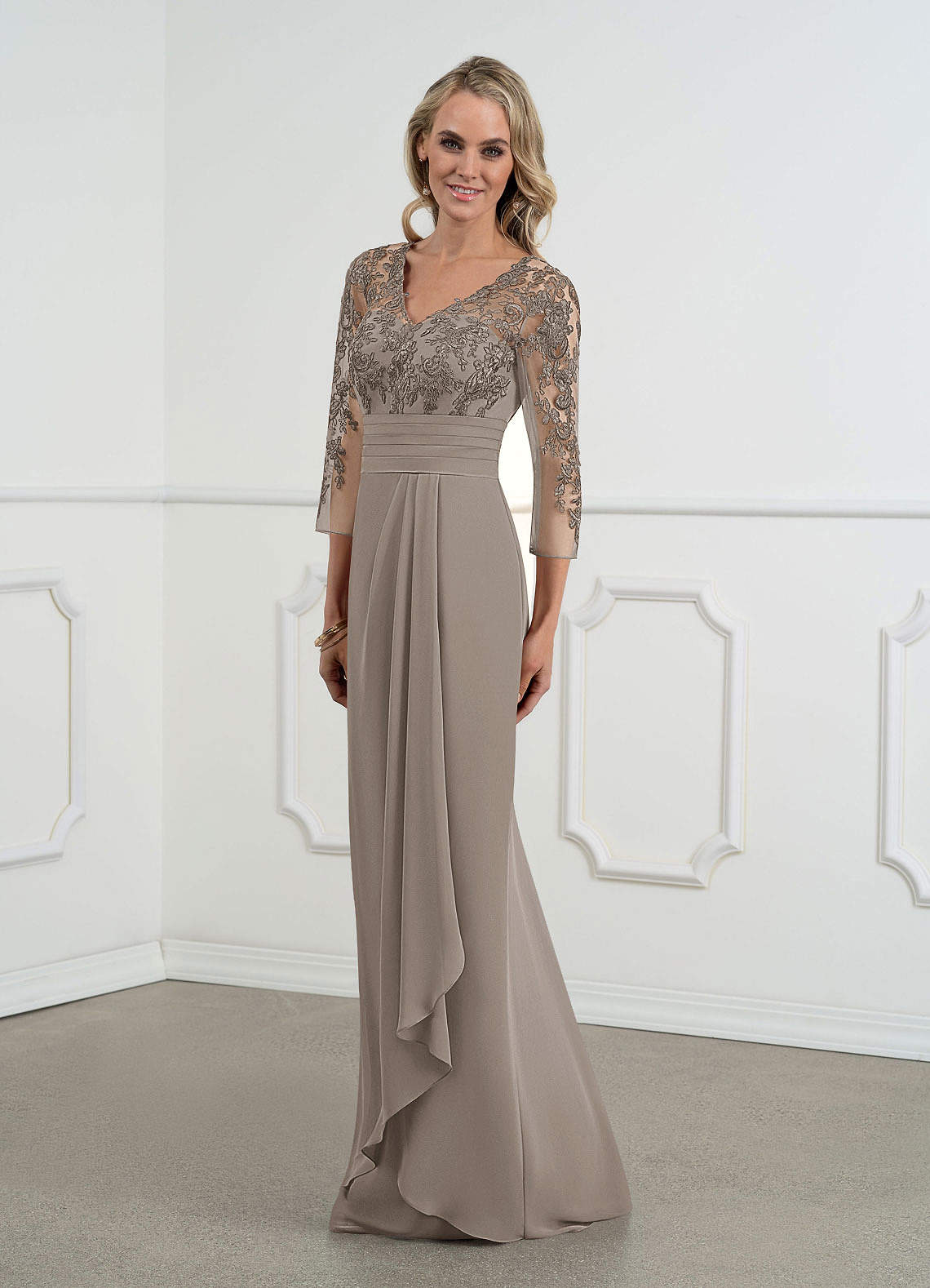 Taupe Azazie Joan Taupe Sheath V-Neck Lace Chiffon Dress | Azazie