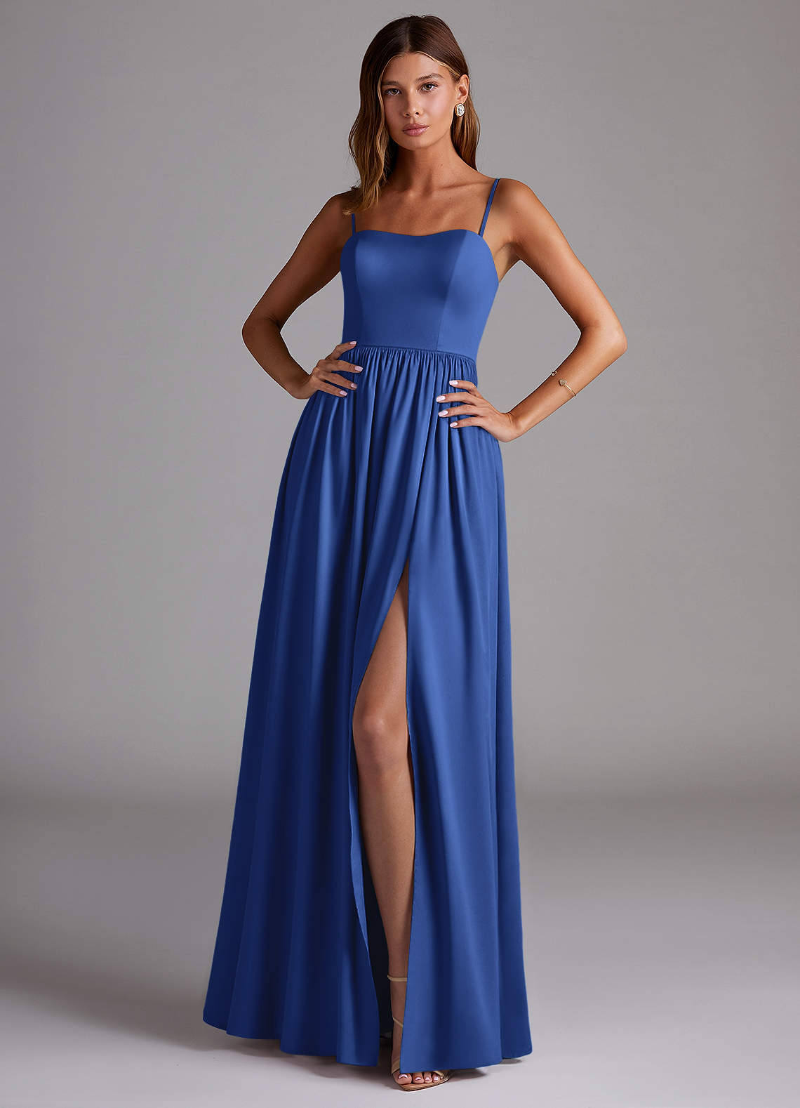 Azazie Calianna Brautjungfernkleider Wandelbar A-Linie Schulterfrei Stretch-Satin Kleid Königsblau image1