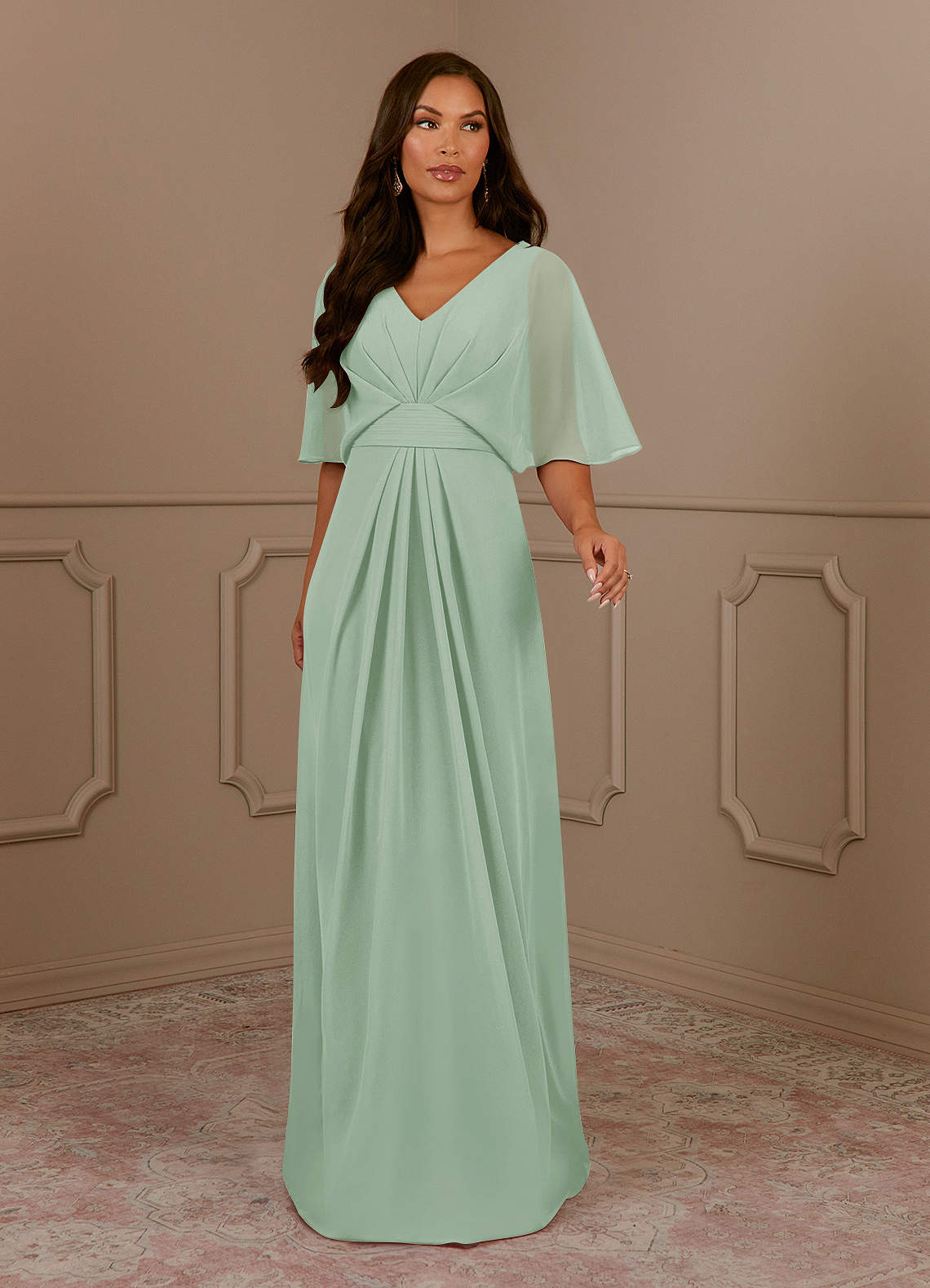 Azazie Oksana Agave A-Line V-Neck Pleated Chiffon Dress | Azazie