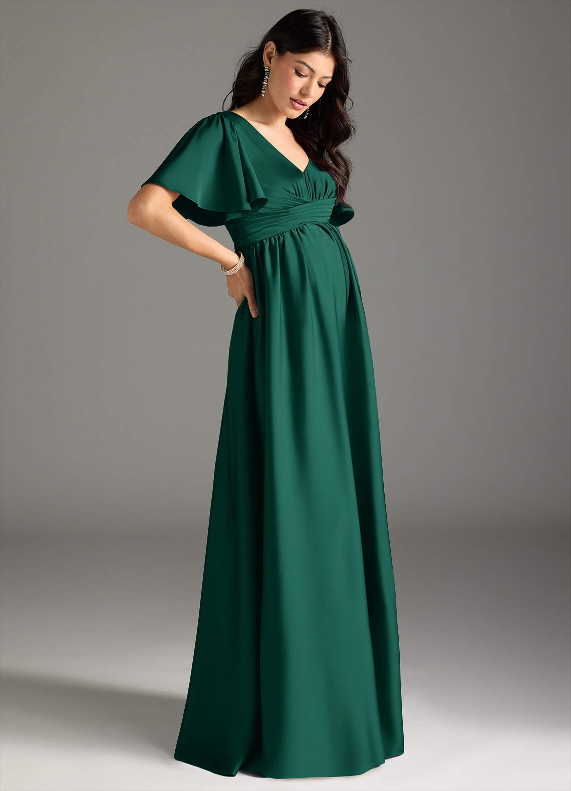 Azazie Verna Maternity Bridesmaid Dresses A-Line Ruched Stretch Satin Floor-Length Dress image5