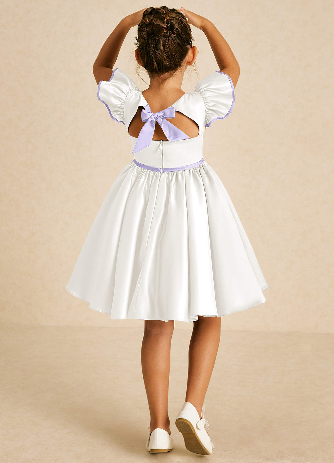 Azazie Sugar Plum Flower Girl Dresses Ivory Lilac A-Line Bow Matte Satin Dress image1