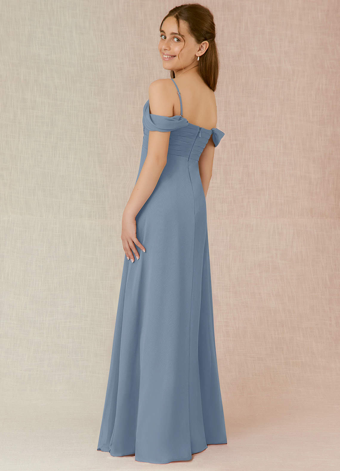 Azazie Kaitlynn Junior Dusty Blue A-Line Off the Shoulder Chiffon Dress image4