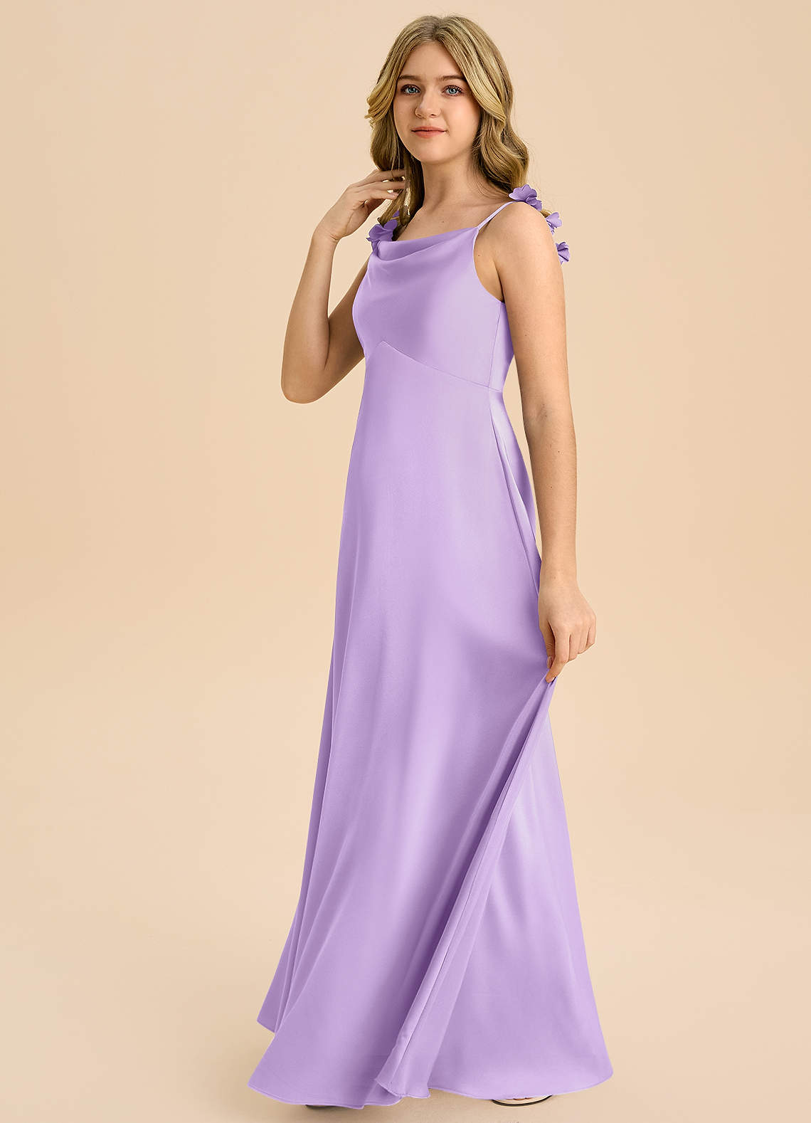 Azazie Gumdrop Junior Robe Empire en Satin extensible Plissée Lilas image4
