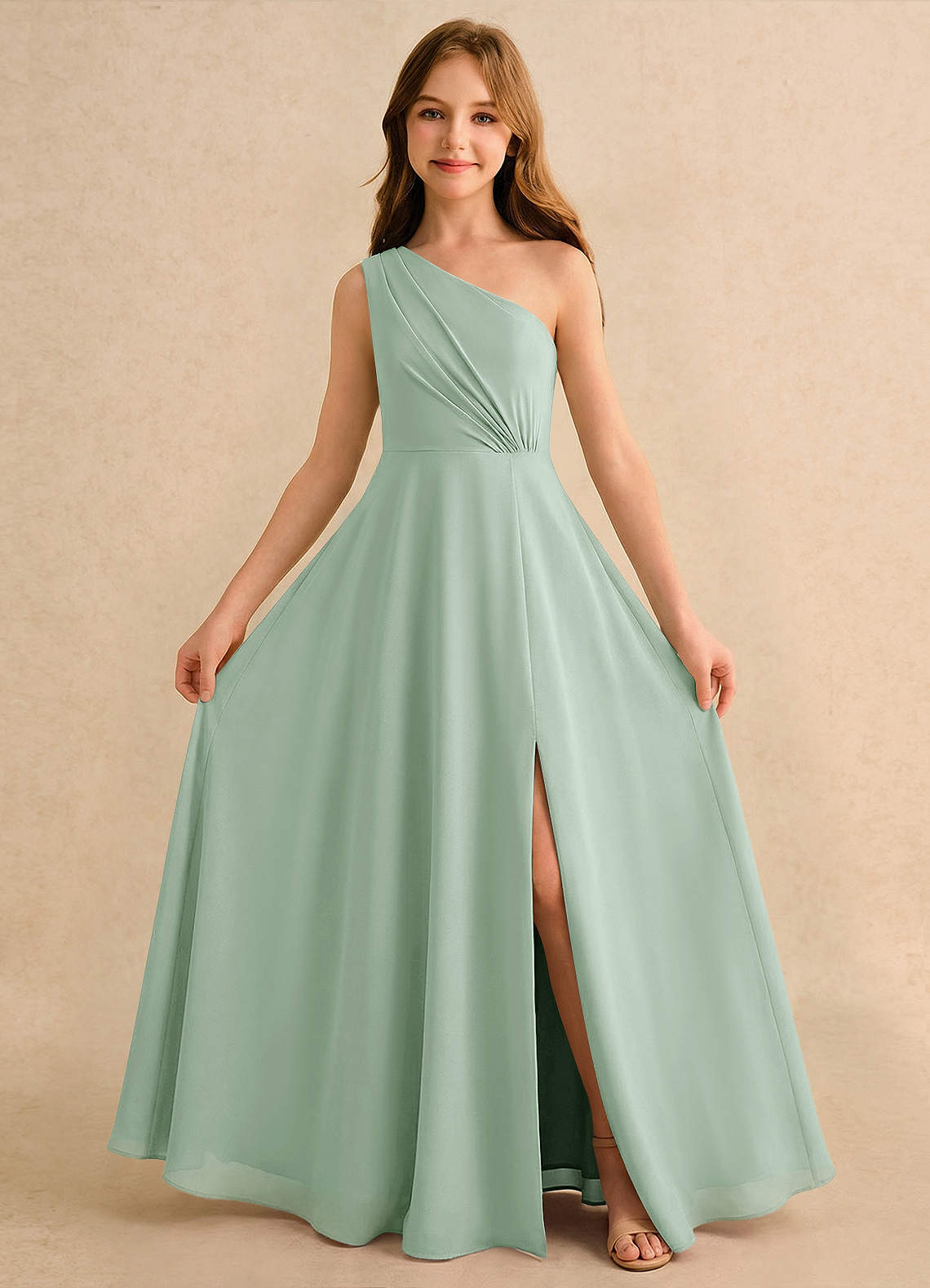 Azazie Puddles Girls Formal Abiti da Ragazza di Fiori Abito A-Line in Chiffon Monospalla Agave image4