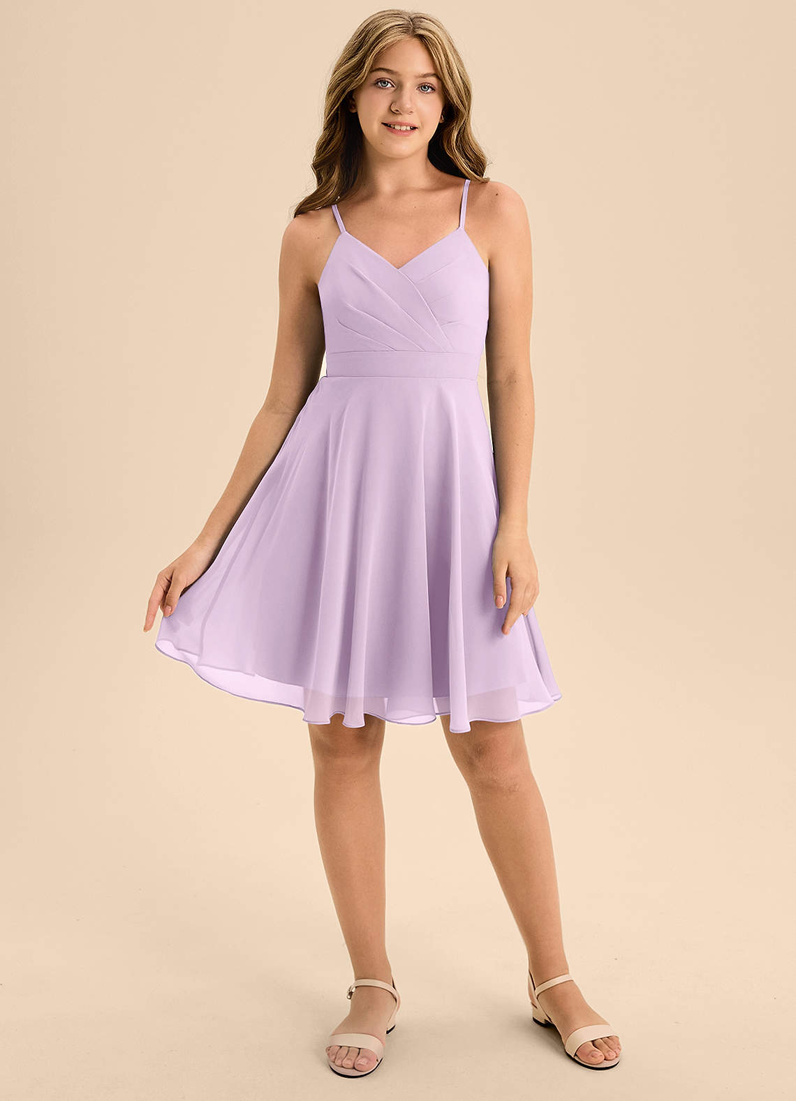Azazie Avelina Junior Jurk van Chiffon met A-Lijn Geplooid Frosted Lila image1