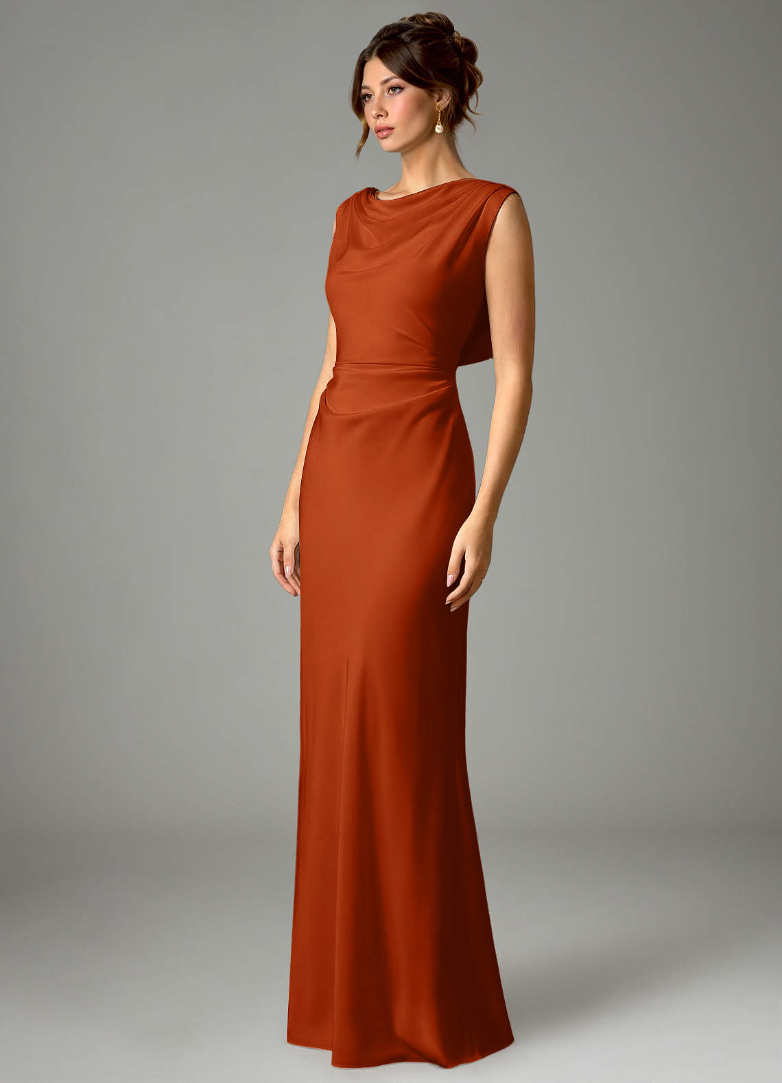 Azazie Kieryn Bridesmaid Dresses Burnt Orange Mermaid Pleated Stretch Satin Dress image4