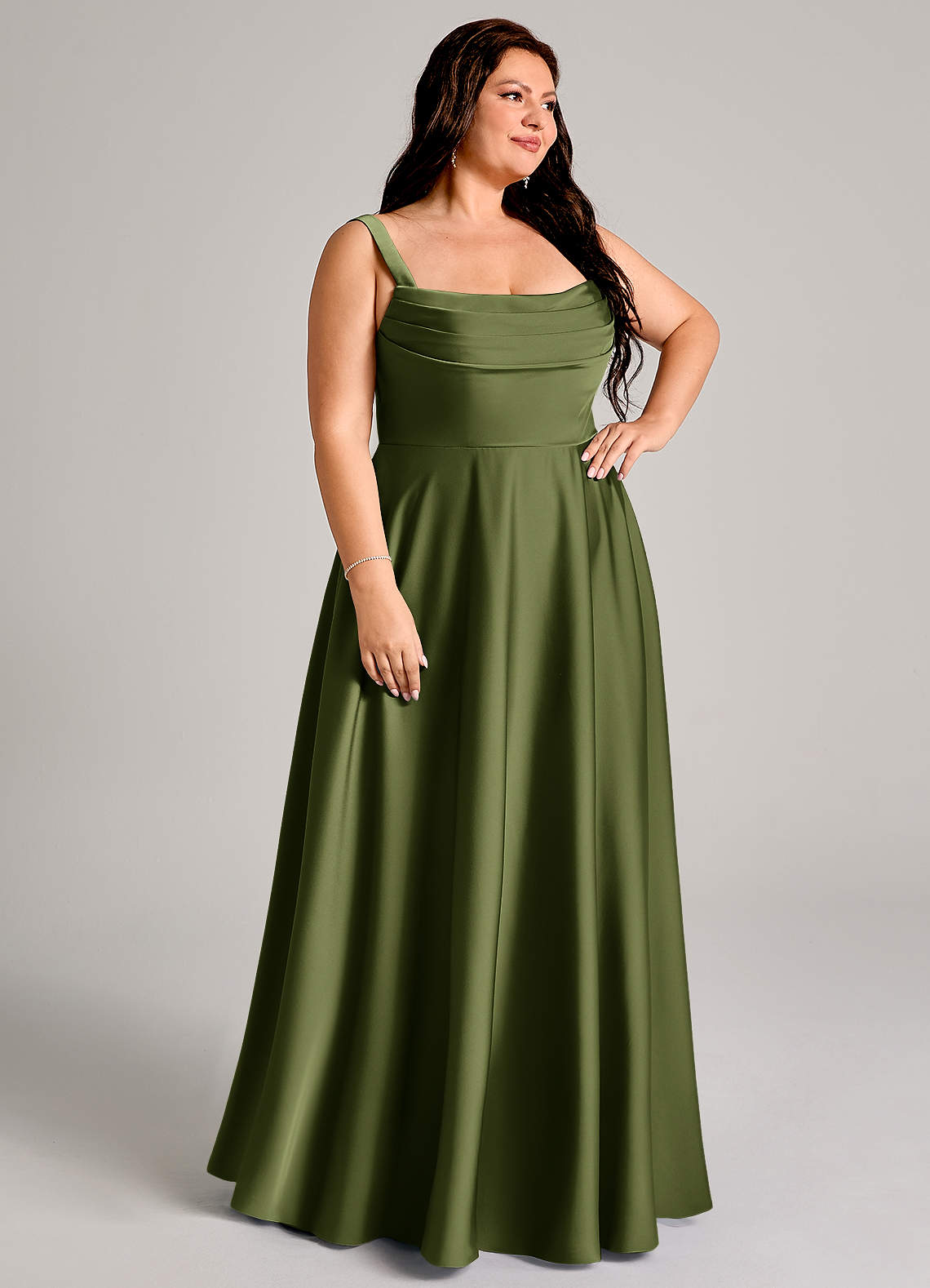 Azazie Shaude Bridesmaid Dresses Olive A-Line Pleated Stretch Satin Dress image9