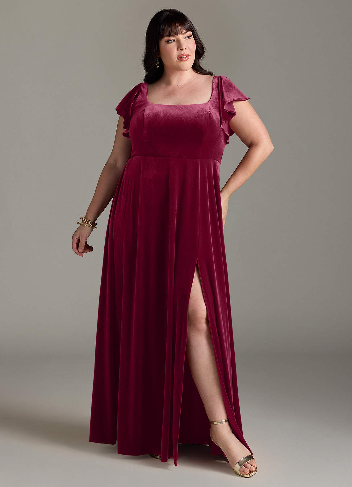 Azazie Bondi Bridesmaid Dresses Burgundy A-Line Side Slit Velvet Dress image1