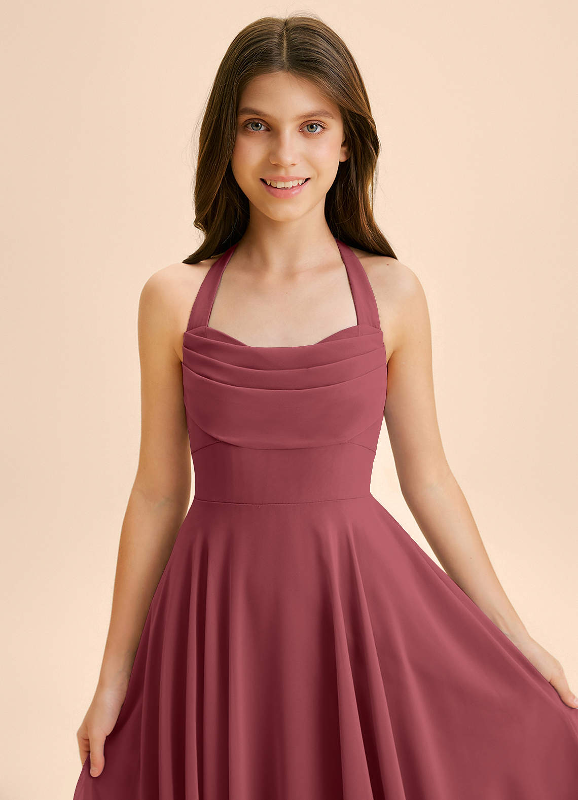 Azazie Kady Junior Vestido Merlot de Chiffon de Linha A com Decote em coração image5