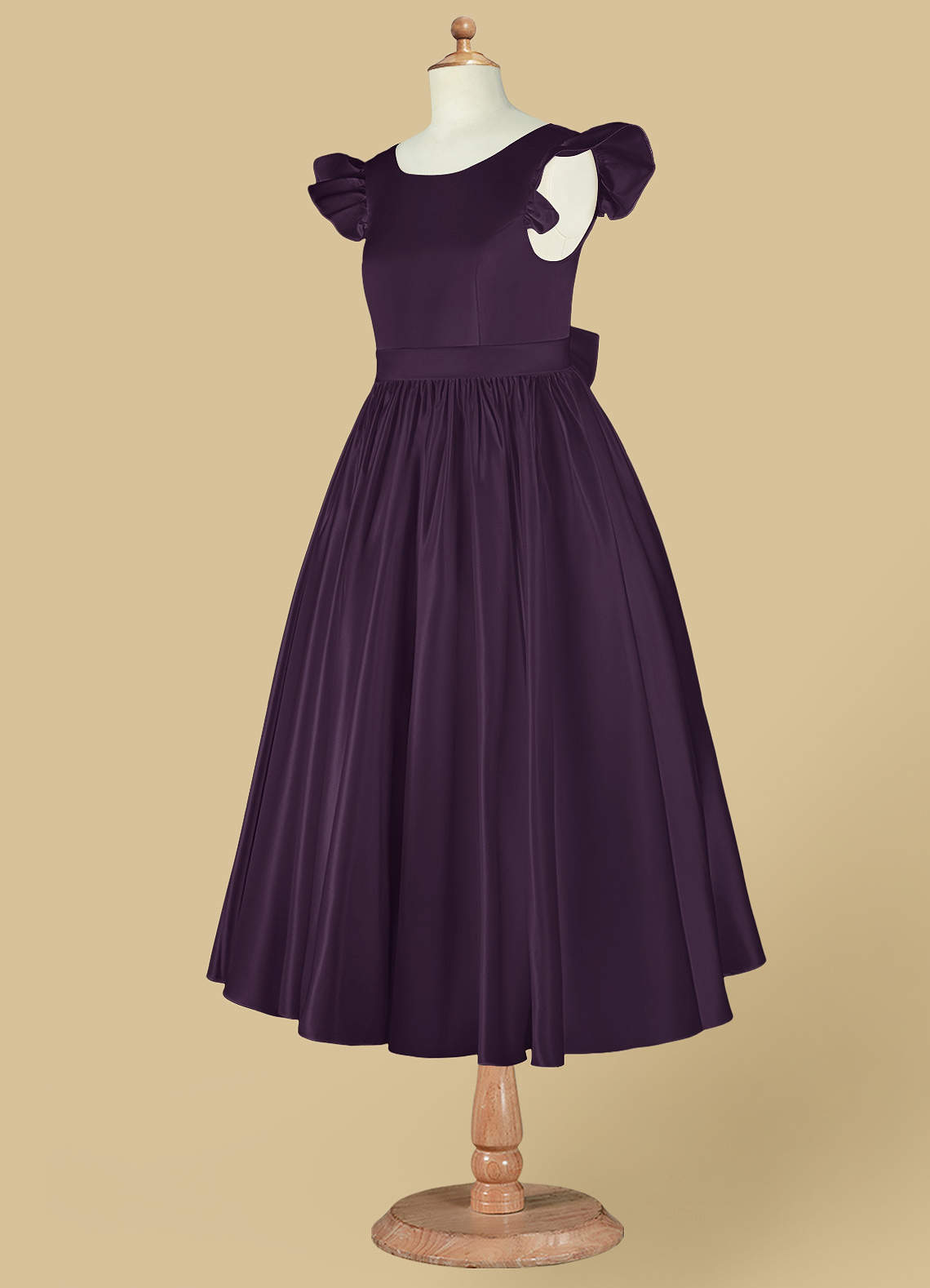 Plum Azazie Violeta Ball-Gown Bow Matte Satin Tea-Length Dress 