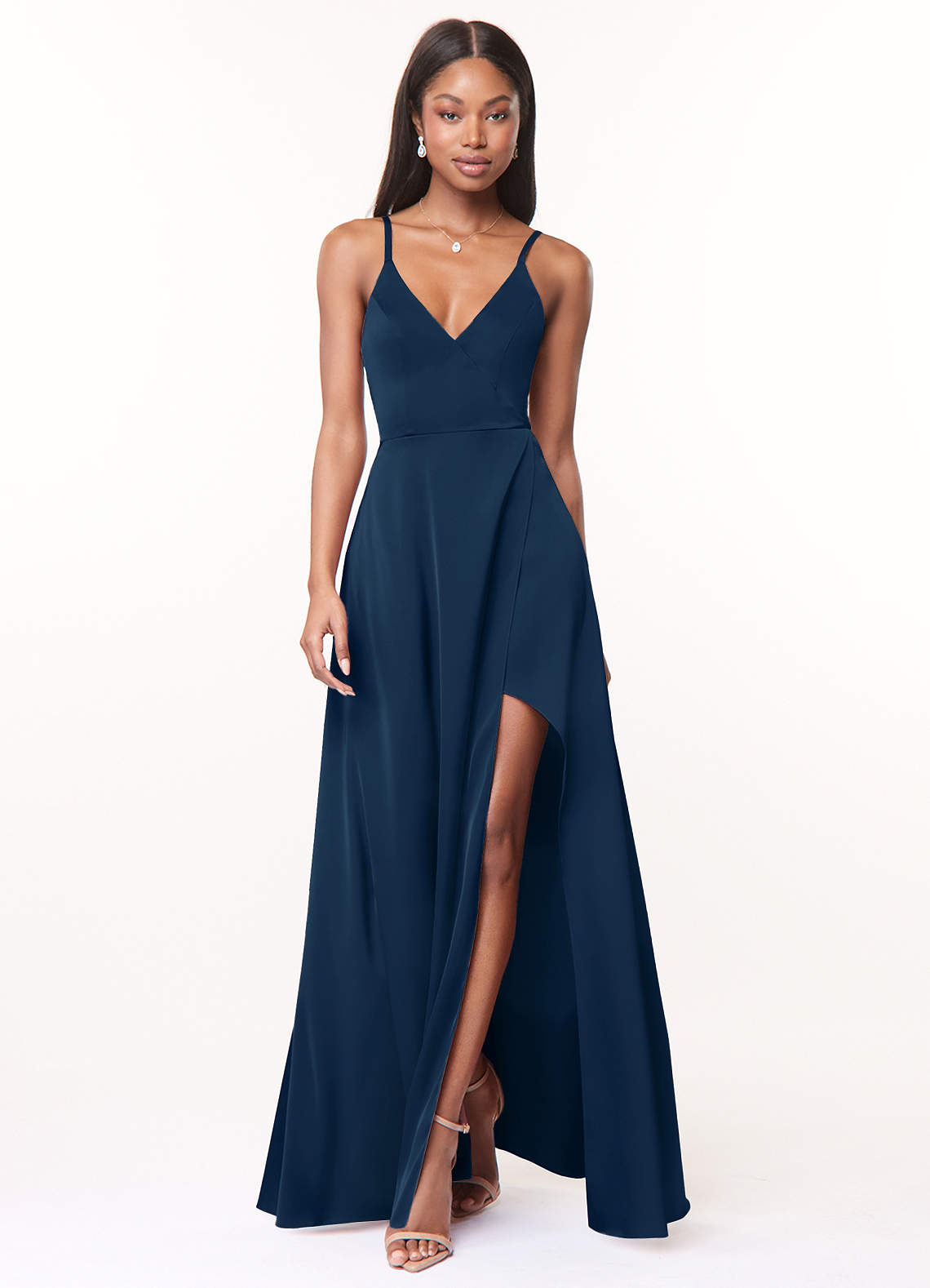 Azazie Maksim Bridesmaid Dresses Dark Navy A-Line V-Neck Stretch Satin Dress image1