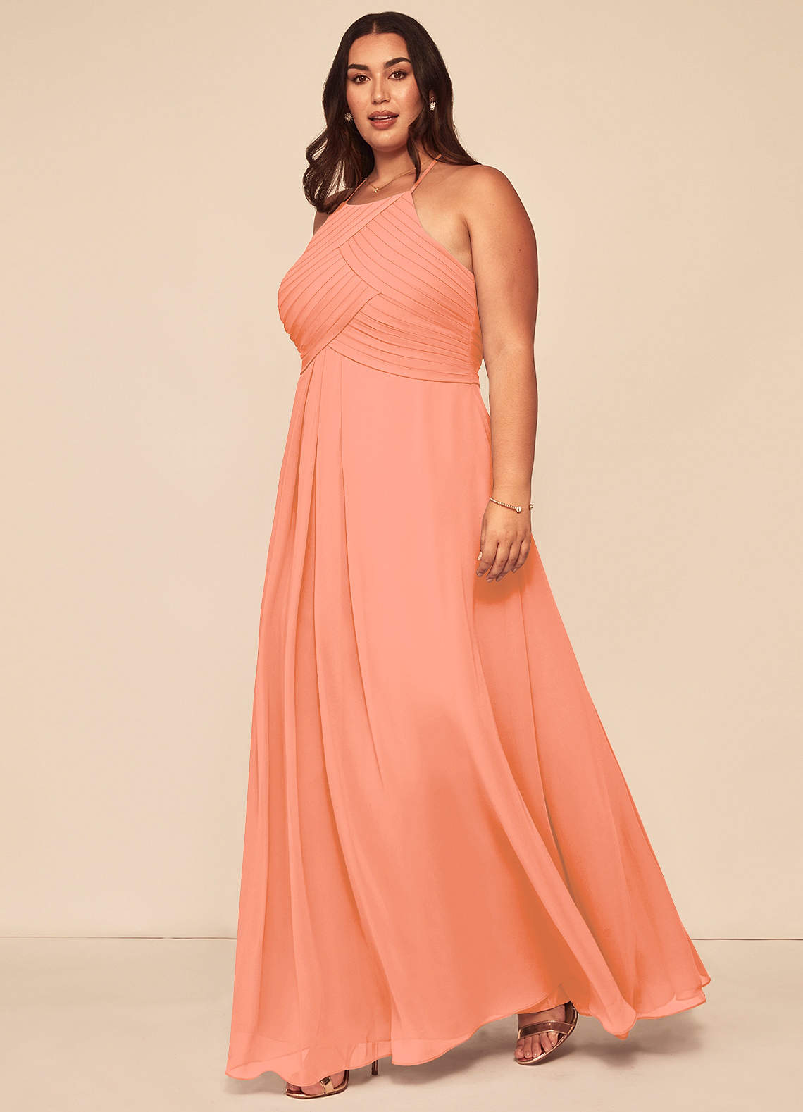 Azazie Ginger Bridesmaid Dresses Sunset A-Line Halter Pleated Chiffon Dress image1