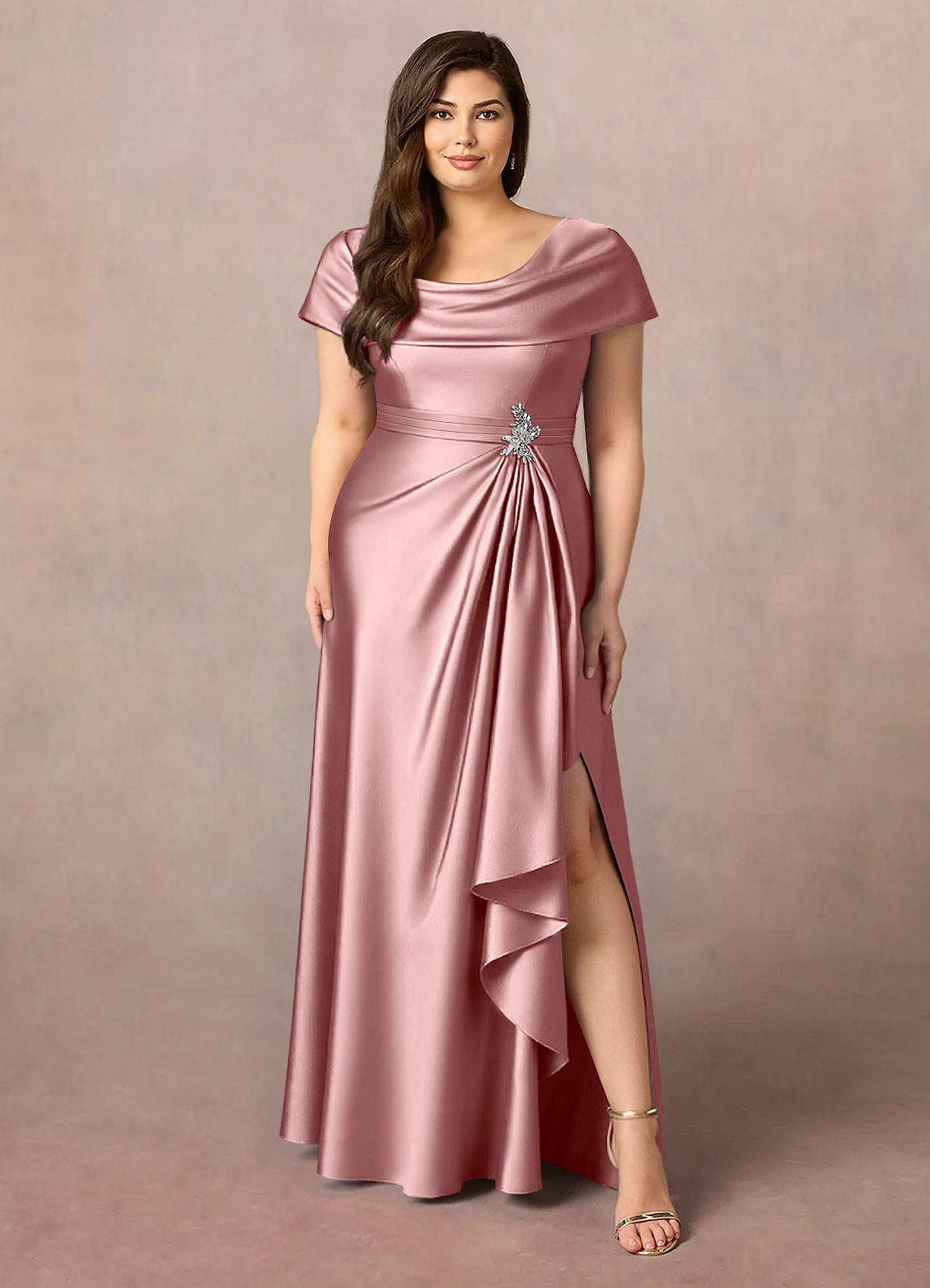 Azazie Branford Mother of the Bride Dresses Dusty Rose A-Line Pleated Stretch Satin Dress image8