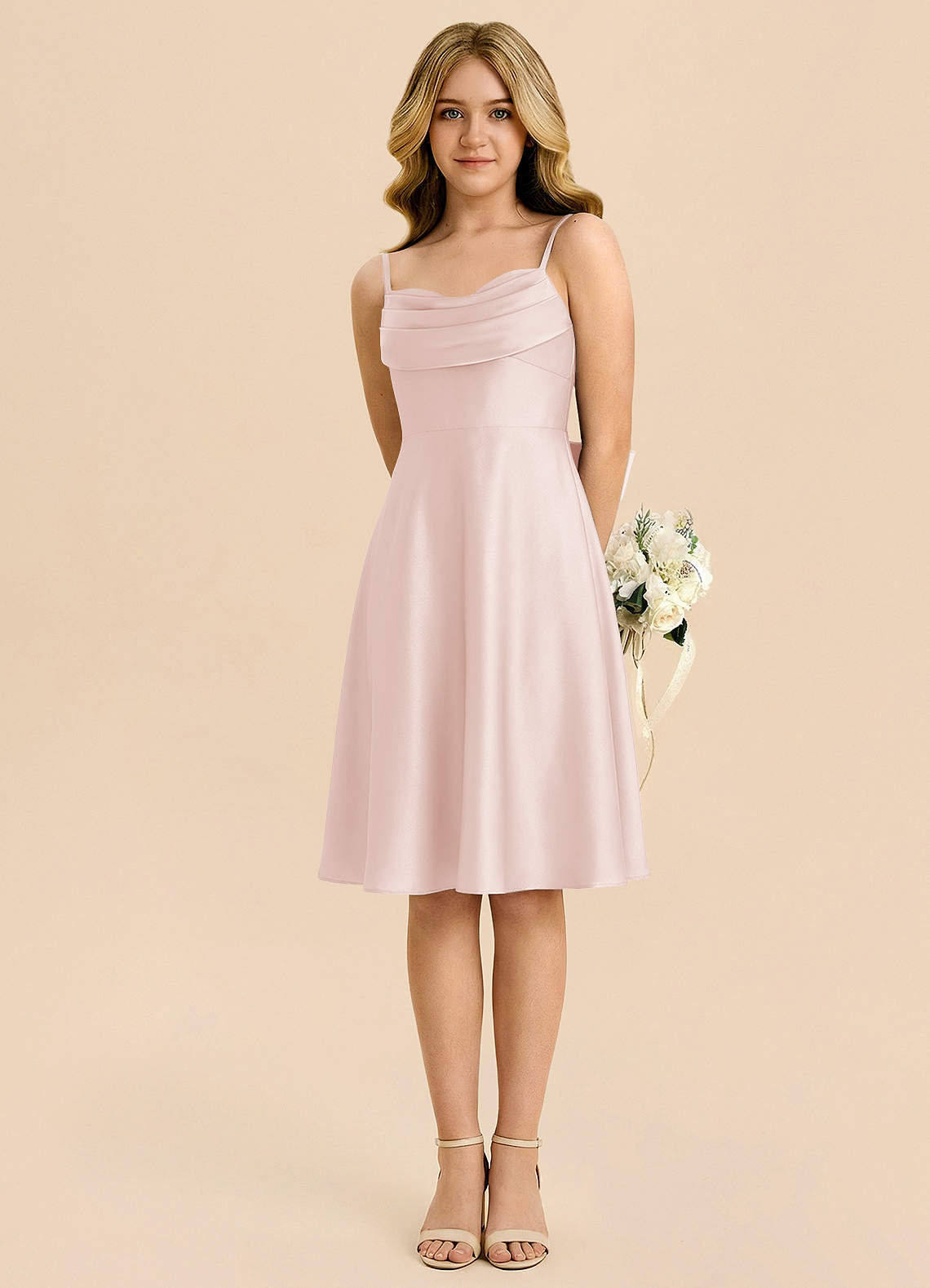 Azazie Bear Junior Blushing Pink A-Line Sweetheart Neckline Stretch Satin Dress image4