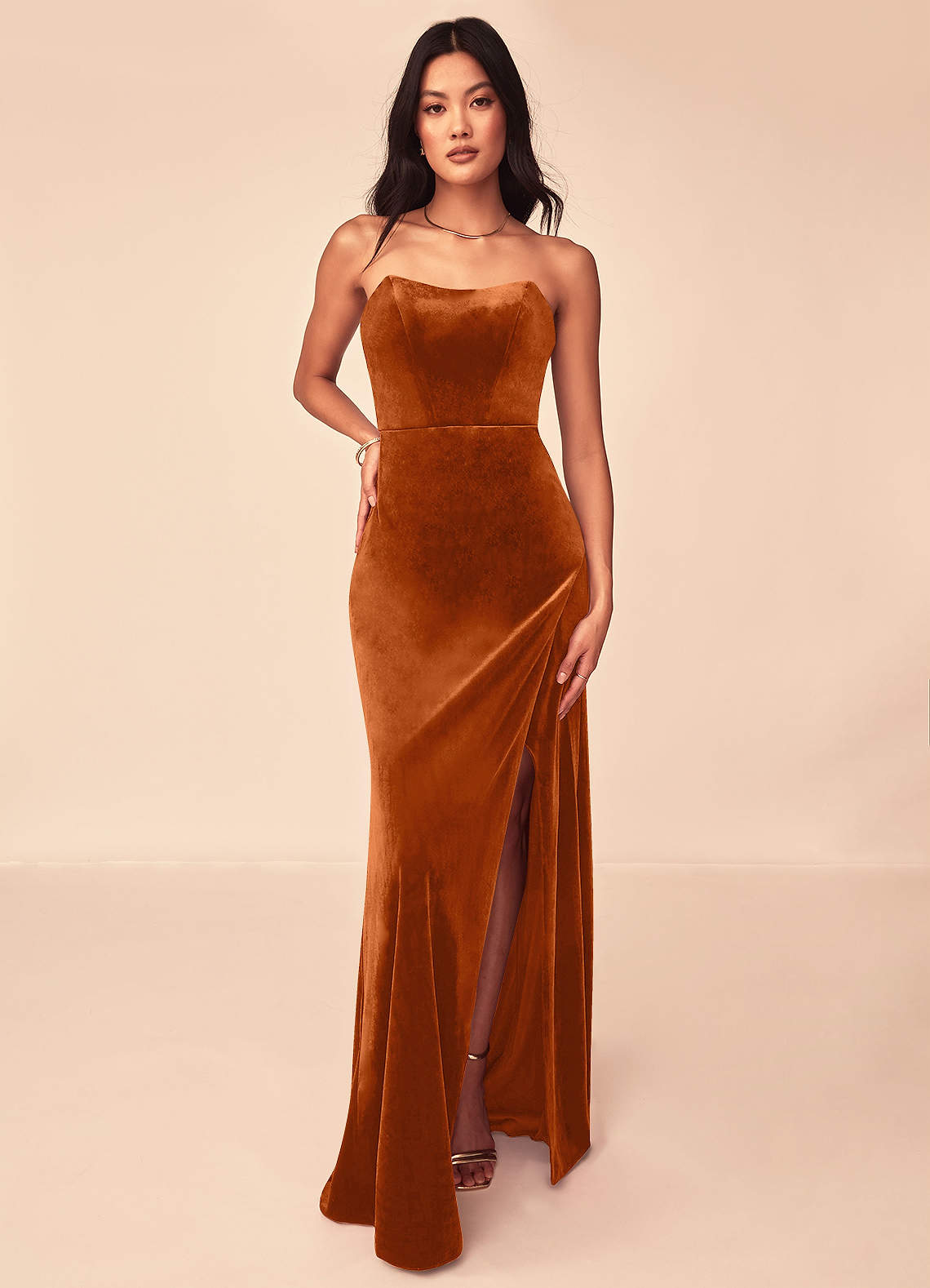 Azazie Nereda Ready to Ship Burnt Orange Velvet Bridesmaid Dresses