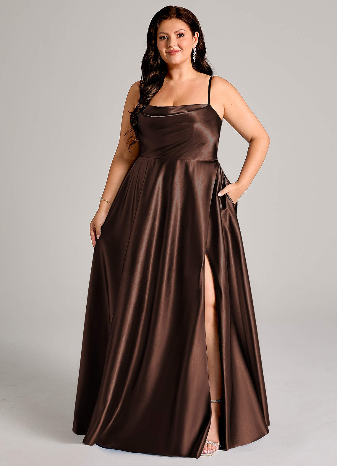 Azazie Elle Bridesmaid Dresses Ganache A-Line with Pockets Metallic Satin Dress image1