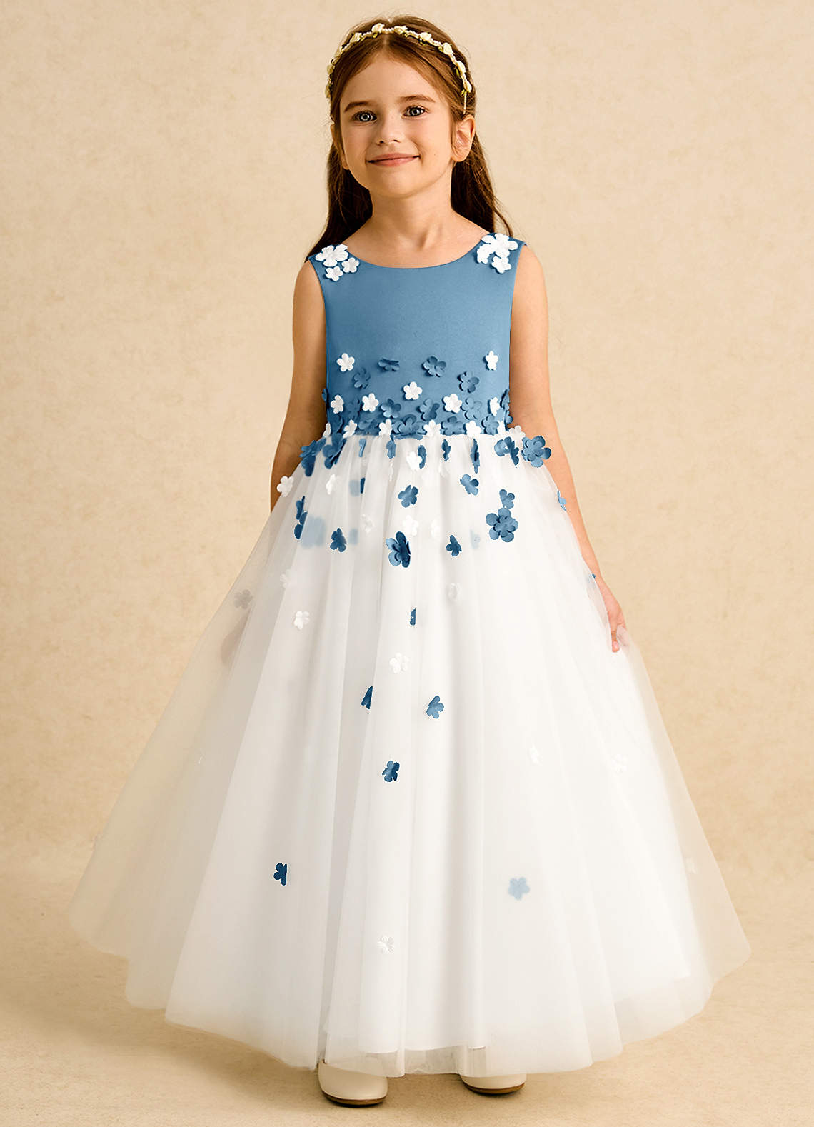 Azazie Eleni Flower Girl Dresses Ivory Steel Blue Ball-Gown Bow Tulle Dress image1