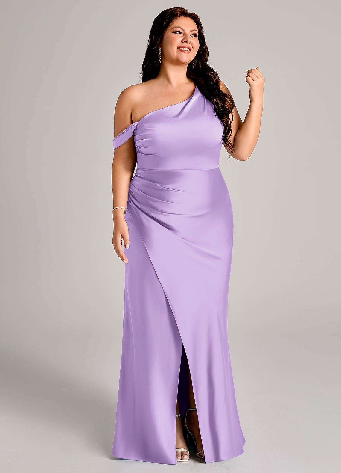 Azazie Madelyn Bridesmaid Dresses Lilac Mermaid One Shoulder Stretch Satin Convertible Dress image12