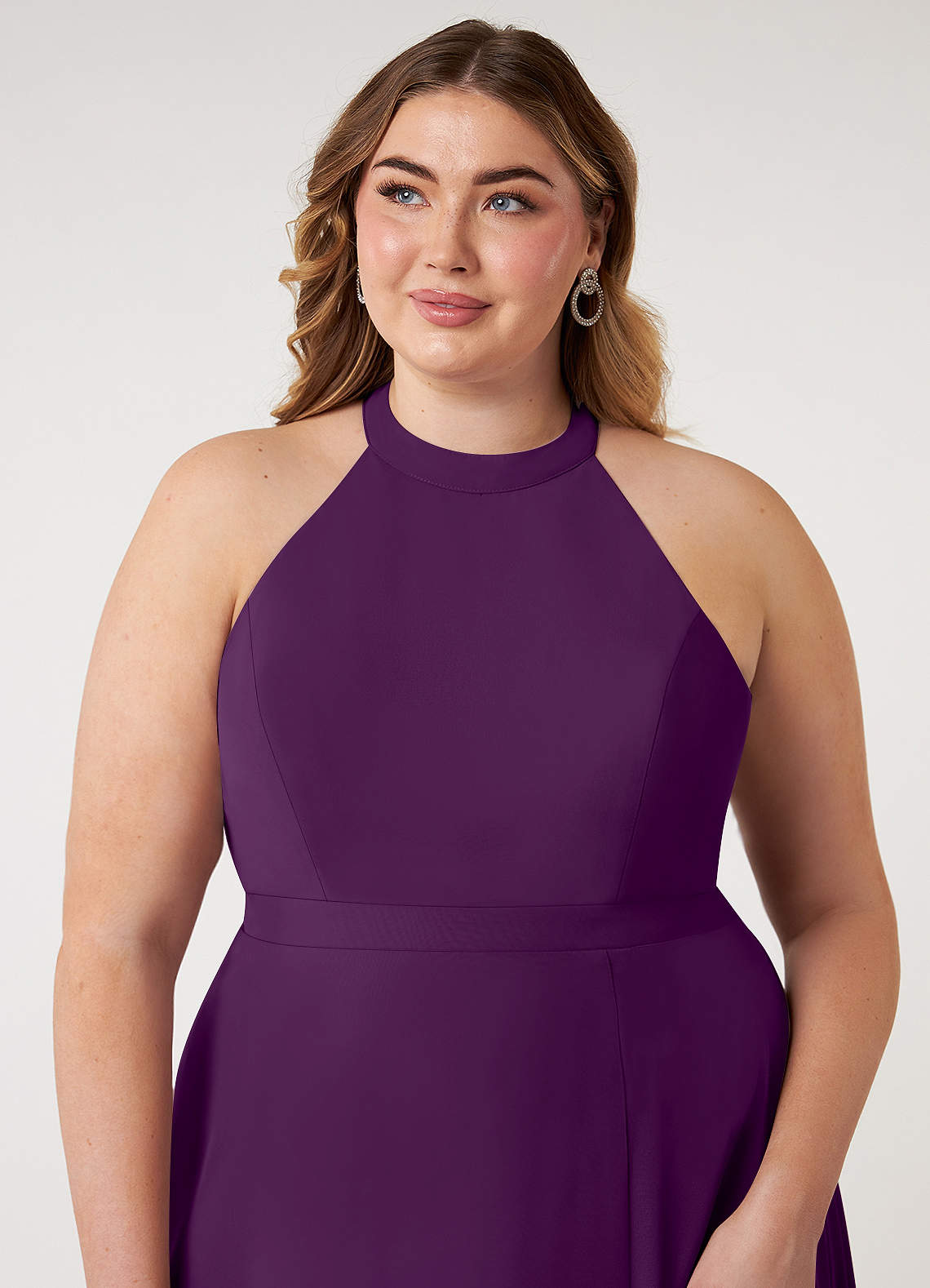 Azazie Plus Size A-Line Halter Neck Floor-Length Chiffon Bridesmaid Dresses - Grape