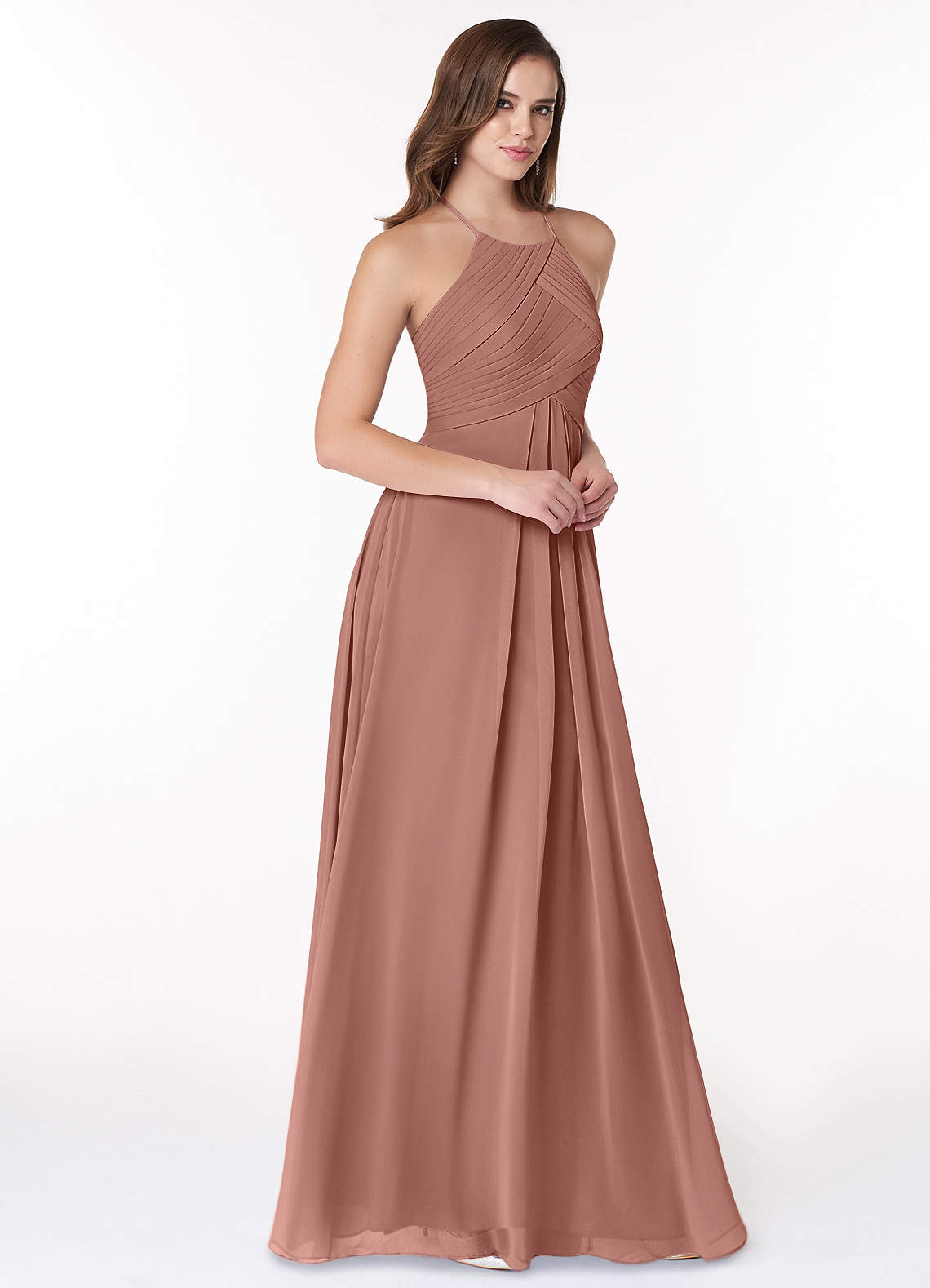 Azazie Ginger Vestidos de damas de honor Vestido de Rosa De Cedro de Gasa de Corte en A con Halter Plisado image1