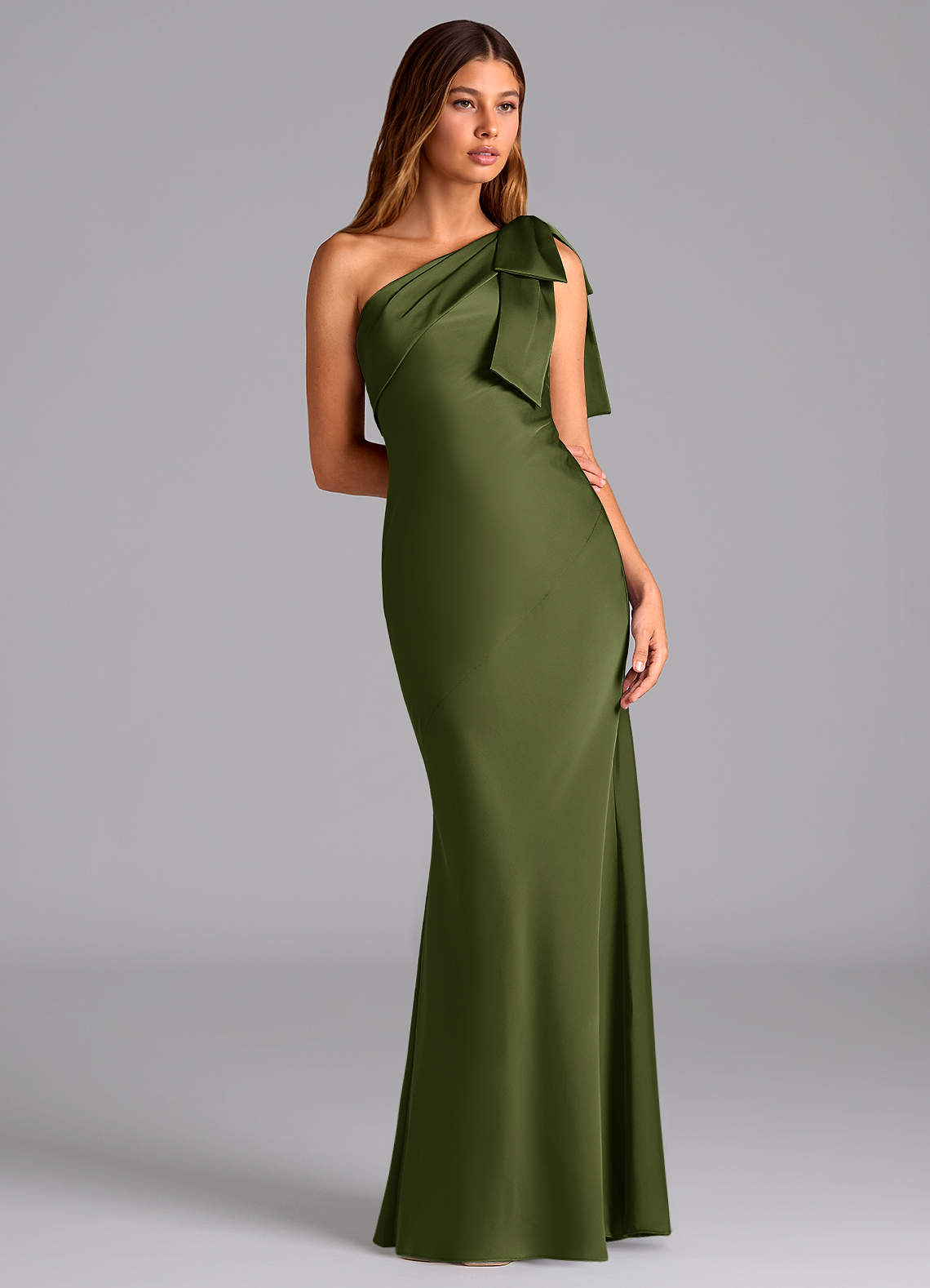 Azazie Yuanna Bridesmaid Dresses Olive Mermaid One Shoulder Stretch Satin Dress image4
