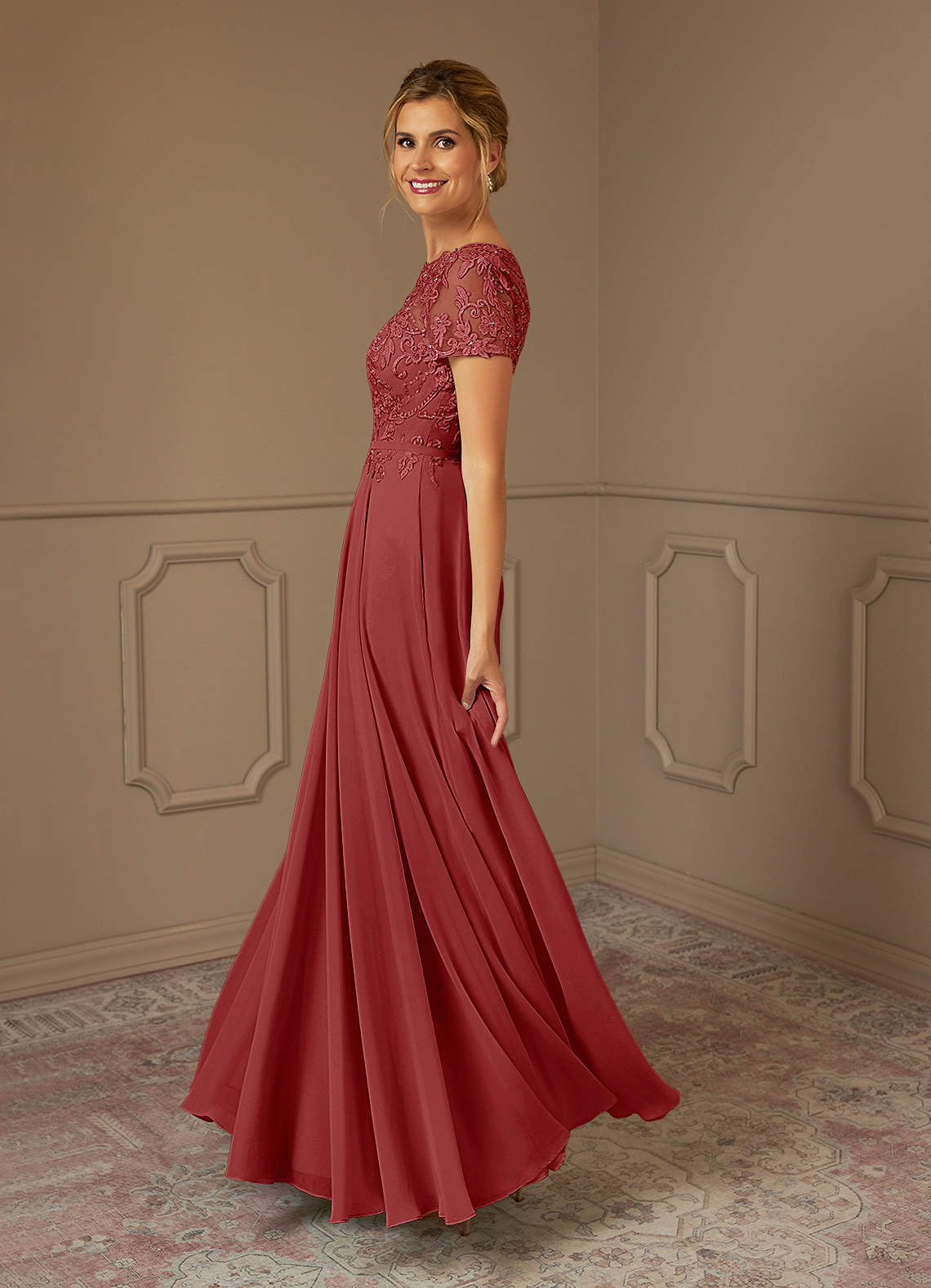 Azazie Adina Rust A-Line Boatneck Sequins Chiffon Dress | Azazie