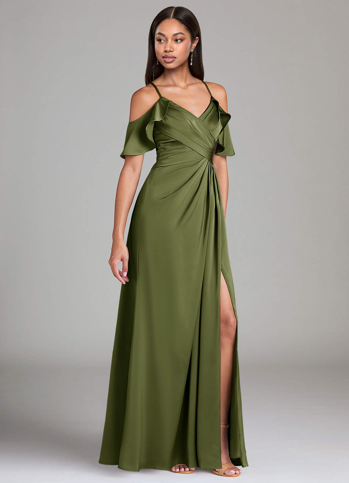 Azazie Dakota Brautjungfernkleider A-Linie Schulterfrei Stretch-Satin Kleid Olivgrün image1