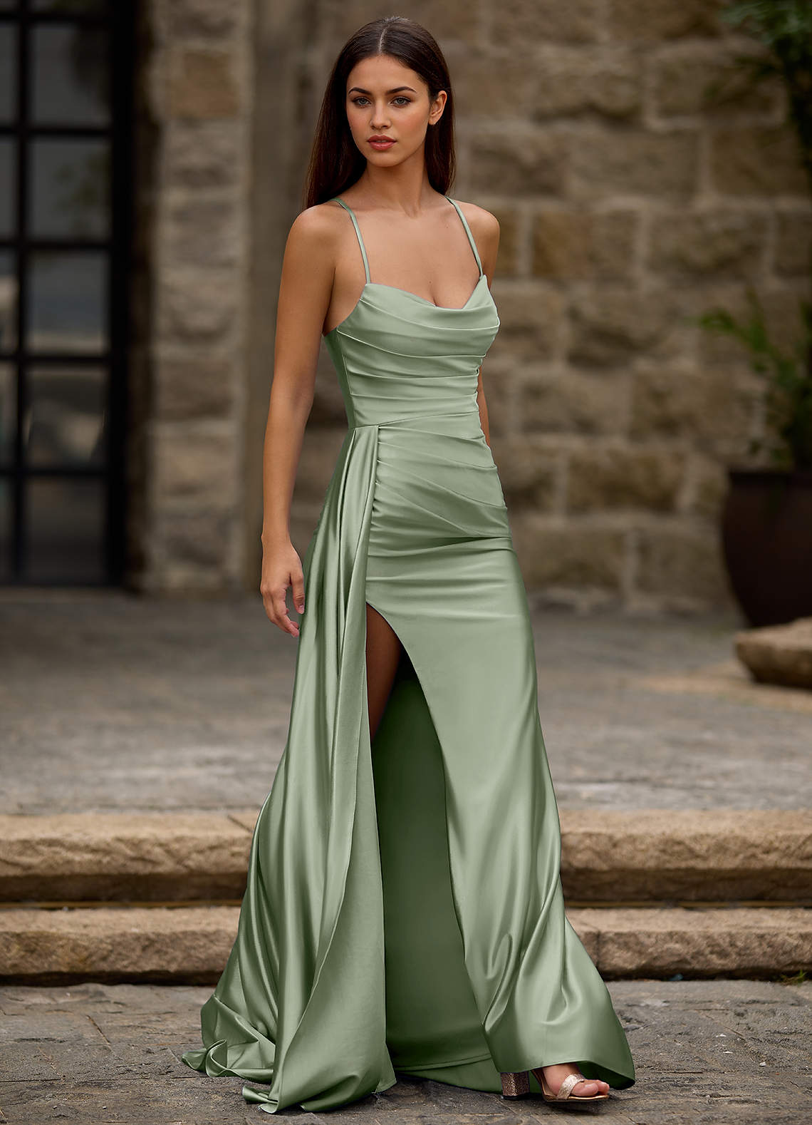 mint green satin bridesmaid dress Drape Prom Ready to Ship New Green