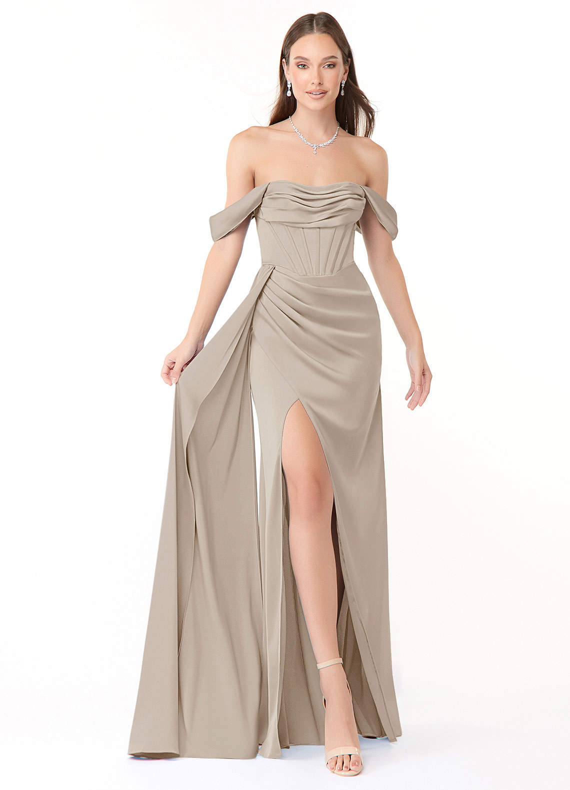Azazie Amyra Bridesmaid Dresses Frost Sheath Off the Shoulder Stretch Satin Convertible Dress image1